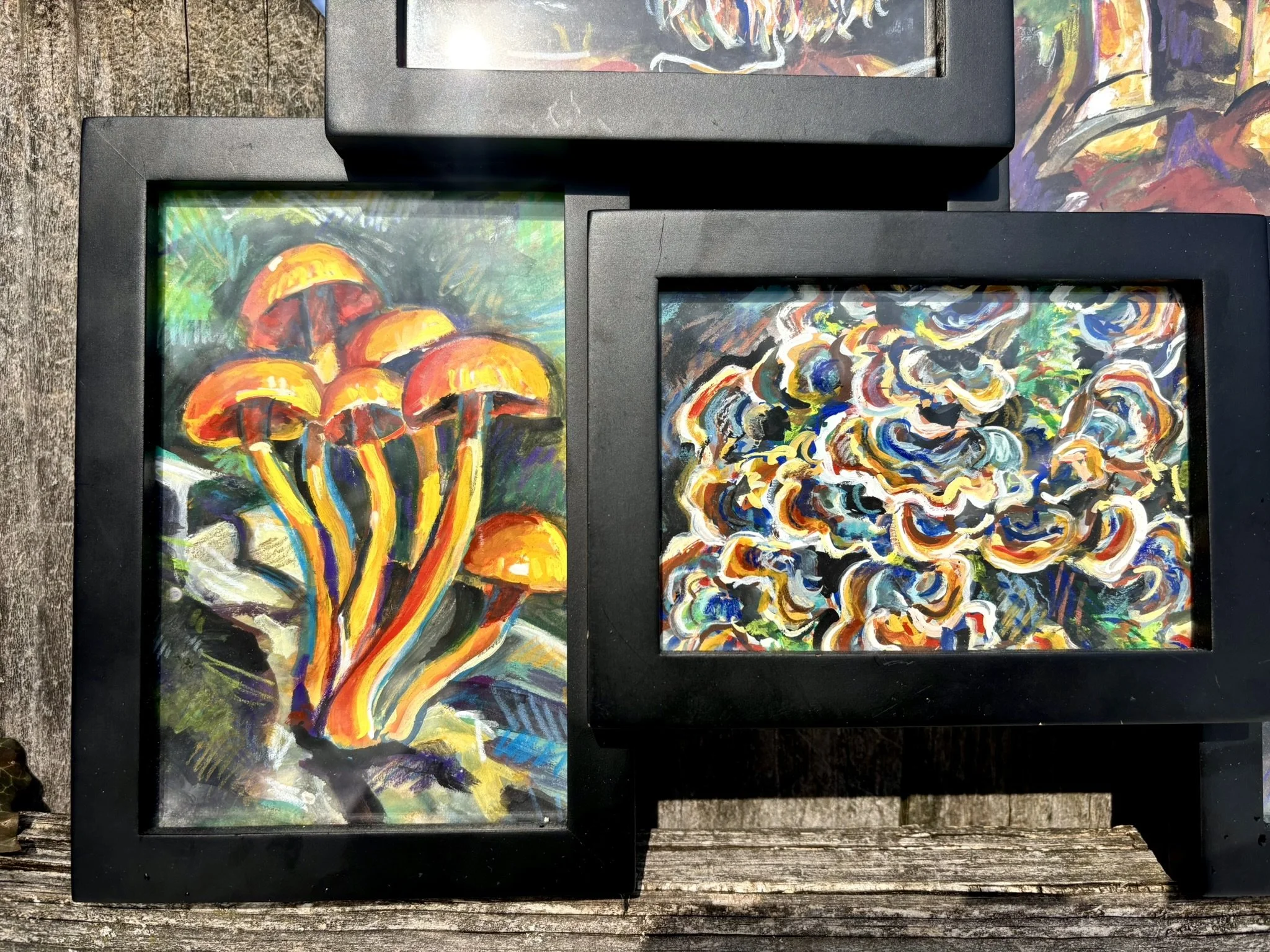Mycology, 2026, 4.5x5.5 inches each, gouache and colored pencil on illustration board in thrifted 12.5x18 inch frame