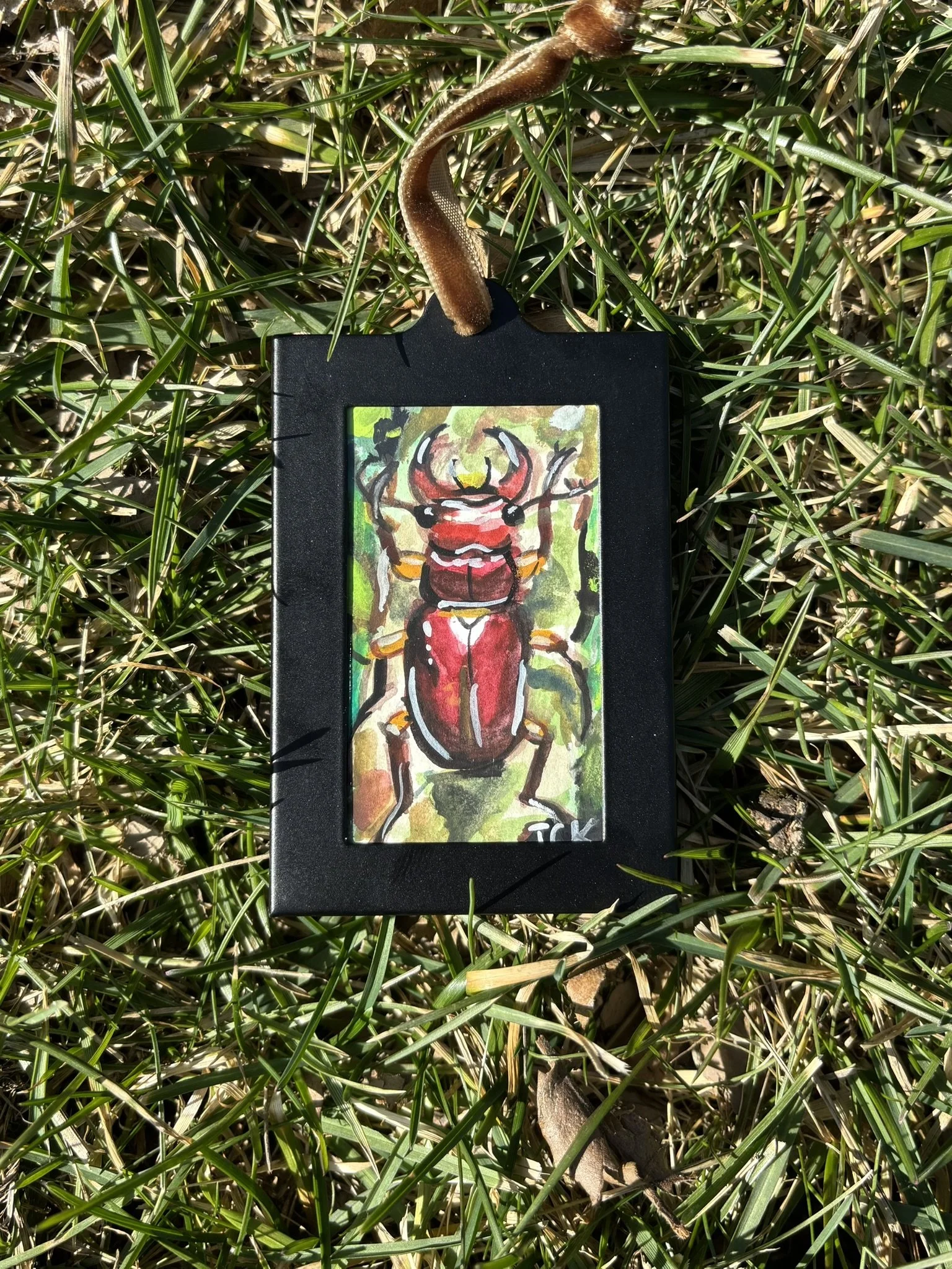Reddish Brown Stag Beetle, 2x3 inches, 2026, gouache on multimedia paper