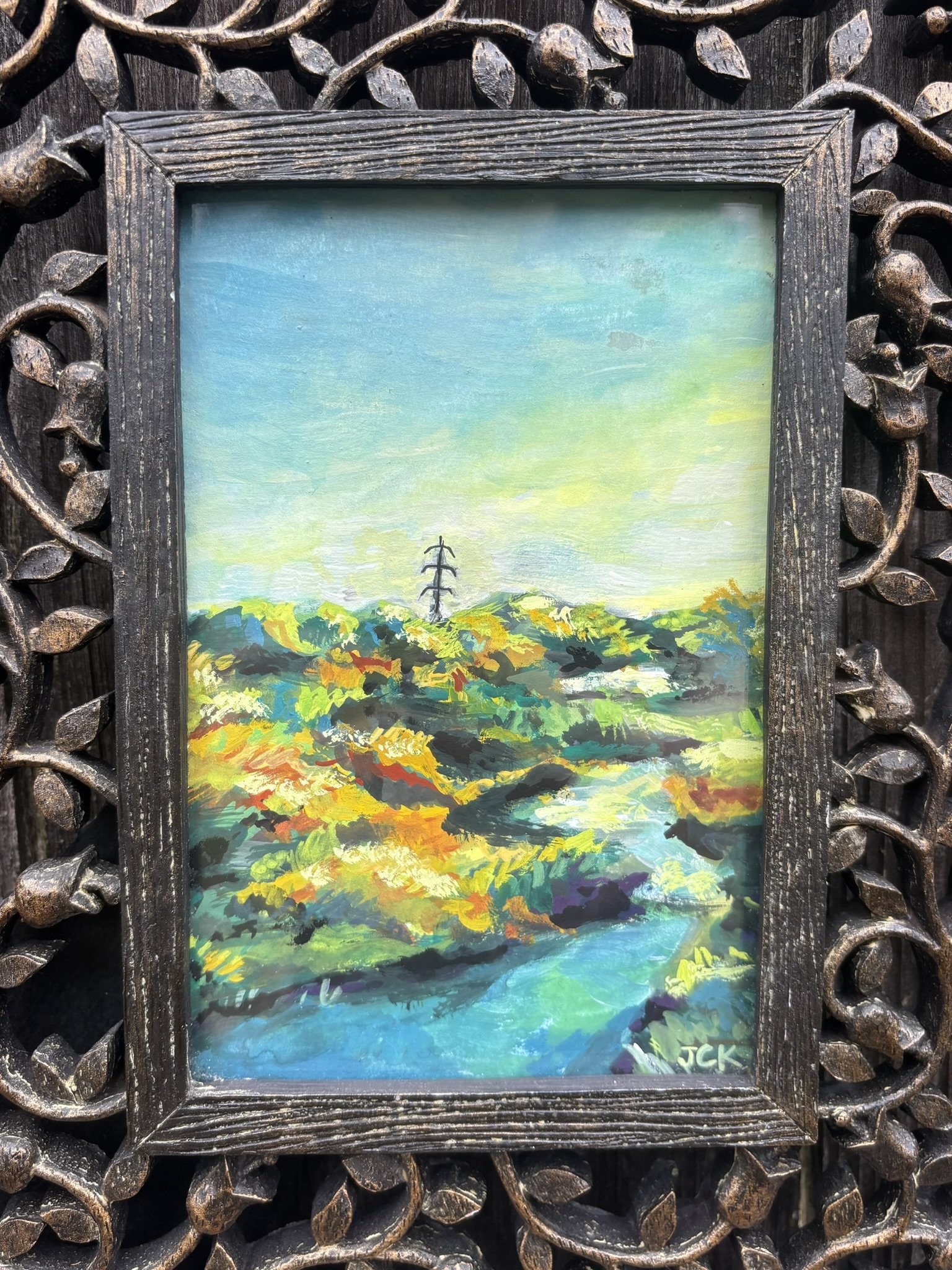 Field and Stream, 2026, 4x6 inches, gouache on multimedia paper in a 8x10 inch thrifted frame