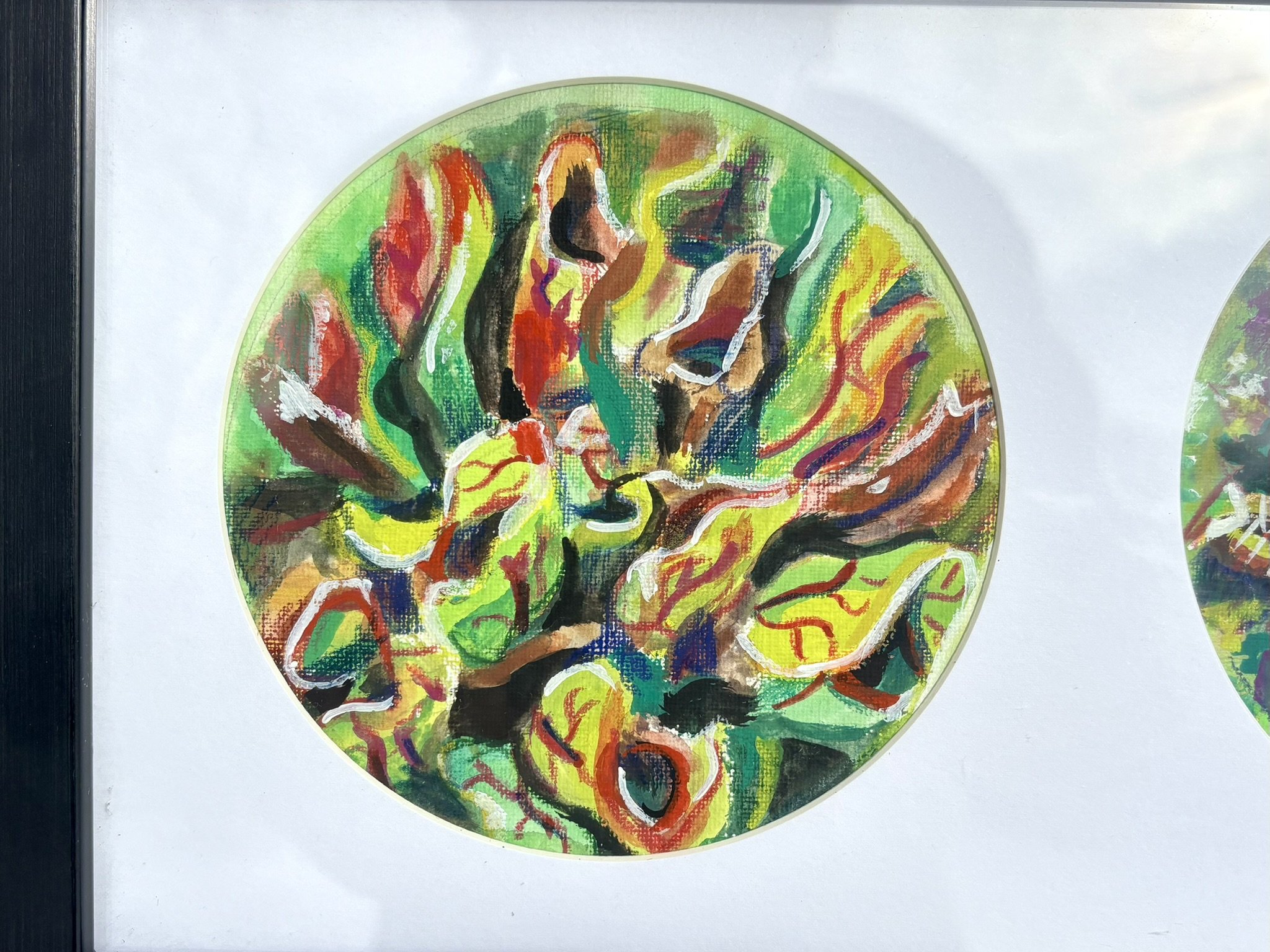 Carnivores, 2026, gouache and colored pencil on canvas paper in a 5.5x16.5 inch thrifted frame