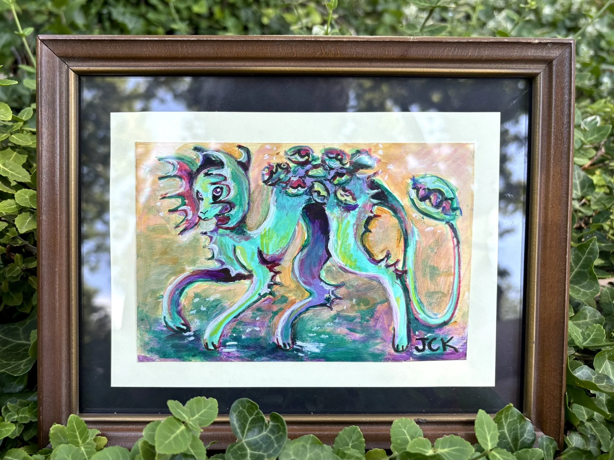 Venus Fly Trap Creature, 2026, 4x6 inches, acrylic and colored pencil on multimedia paper matted in a 7x9 inch frame