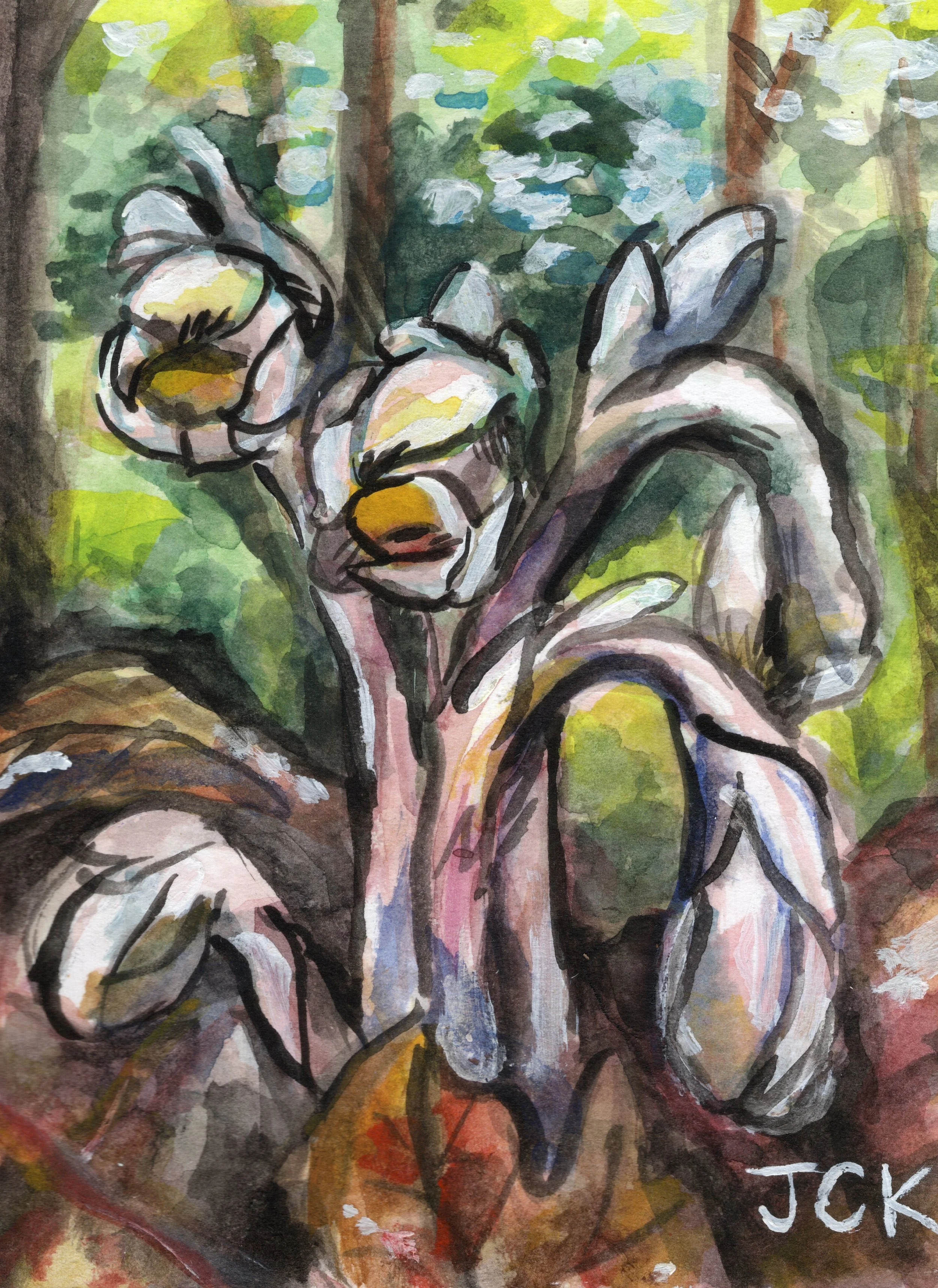 Ghost Pipe, 2026, 3.5x4.5 inches, gouache on multimedia paper  in a 7.5x9.5 inch thrifted frame