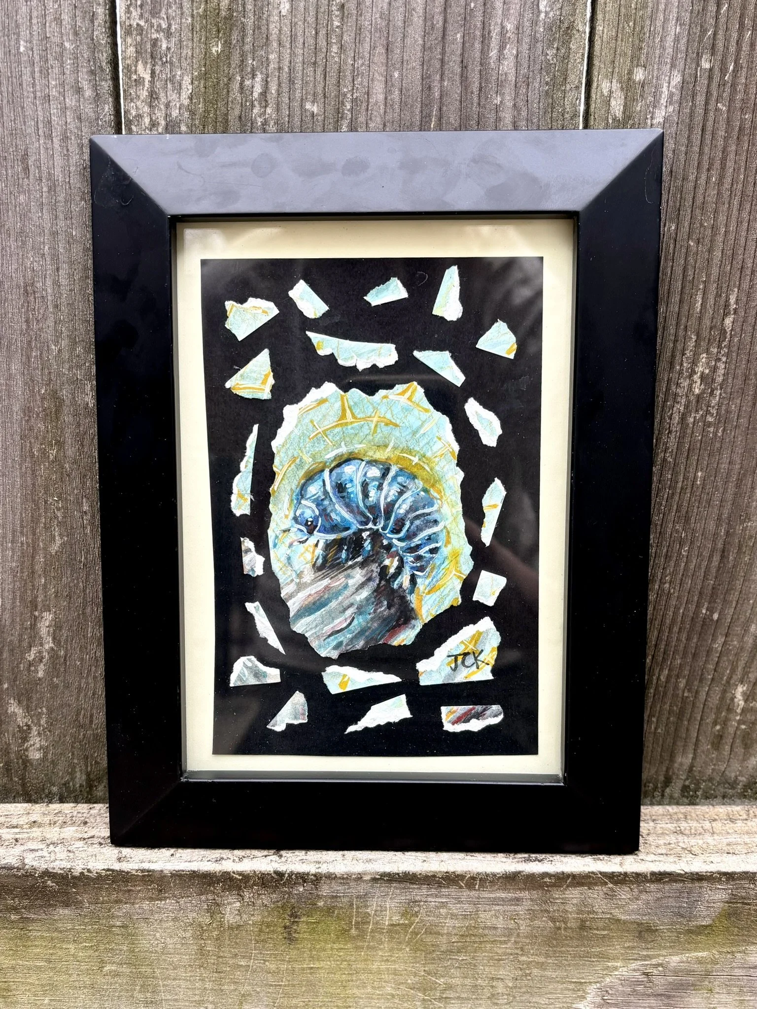 Pillbug, 2026, 4x6 inches, gouache on multimedia paper collage in a 6.5x8.5 inch thrifted frame