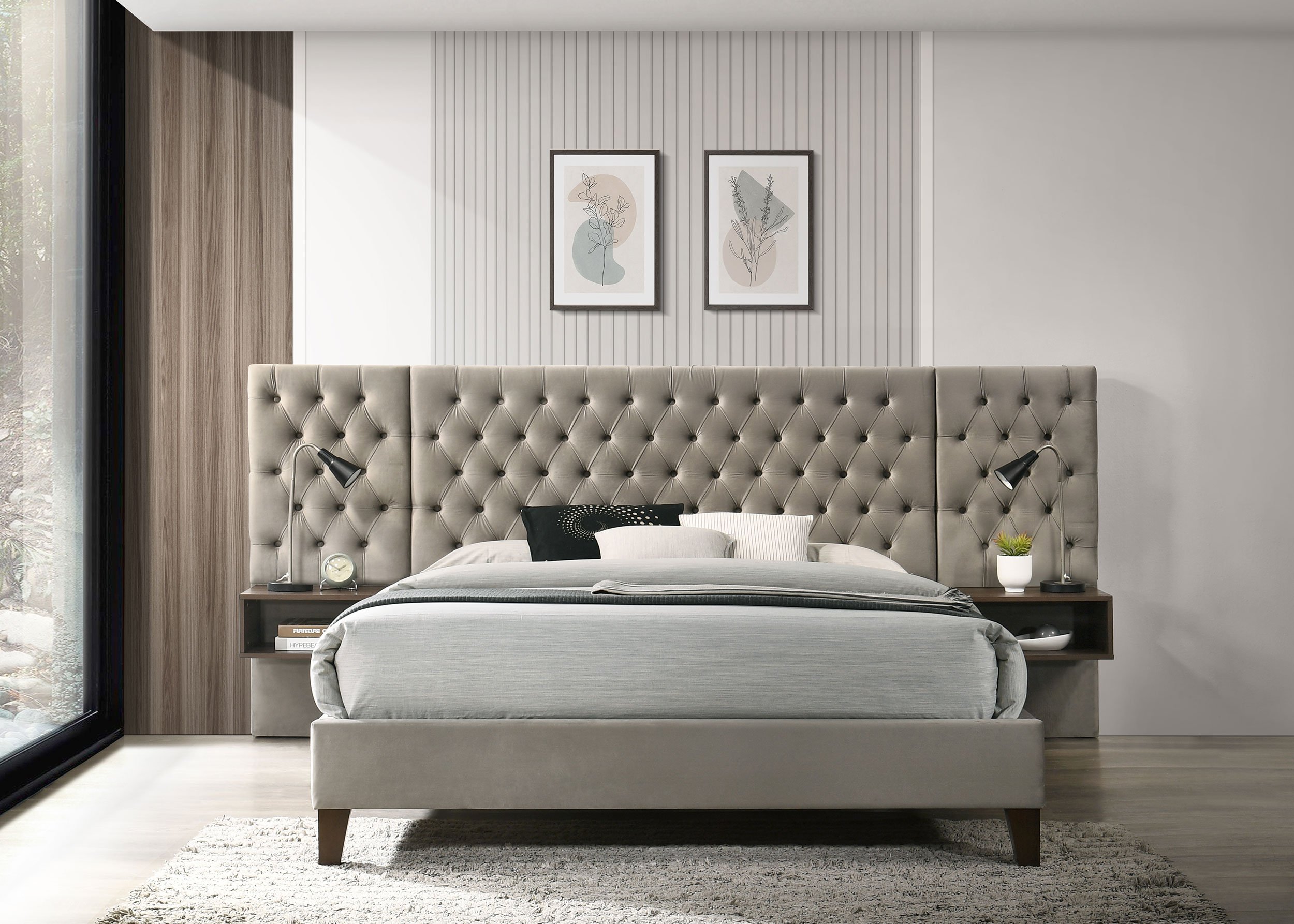 Upholstered Beige Colour Queen Wall Panel Bed