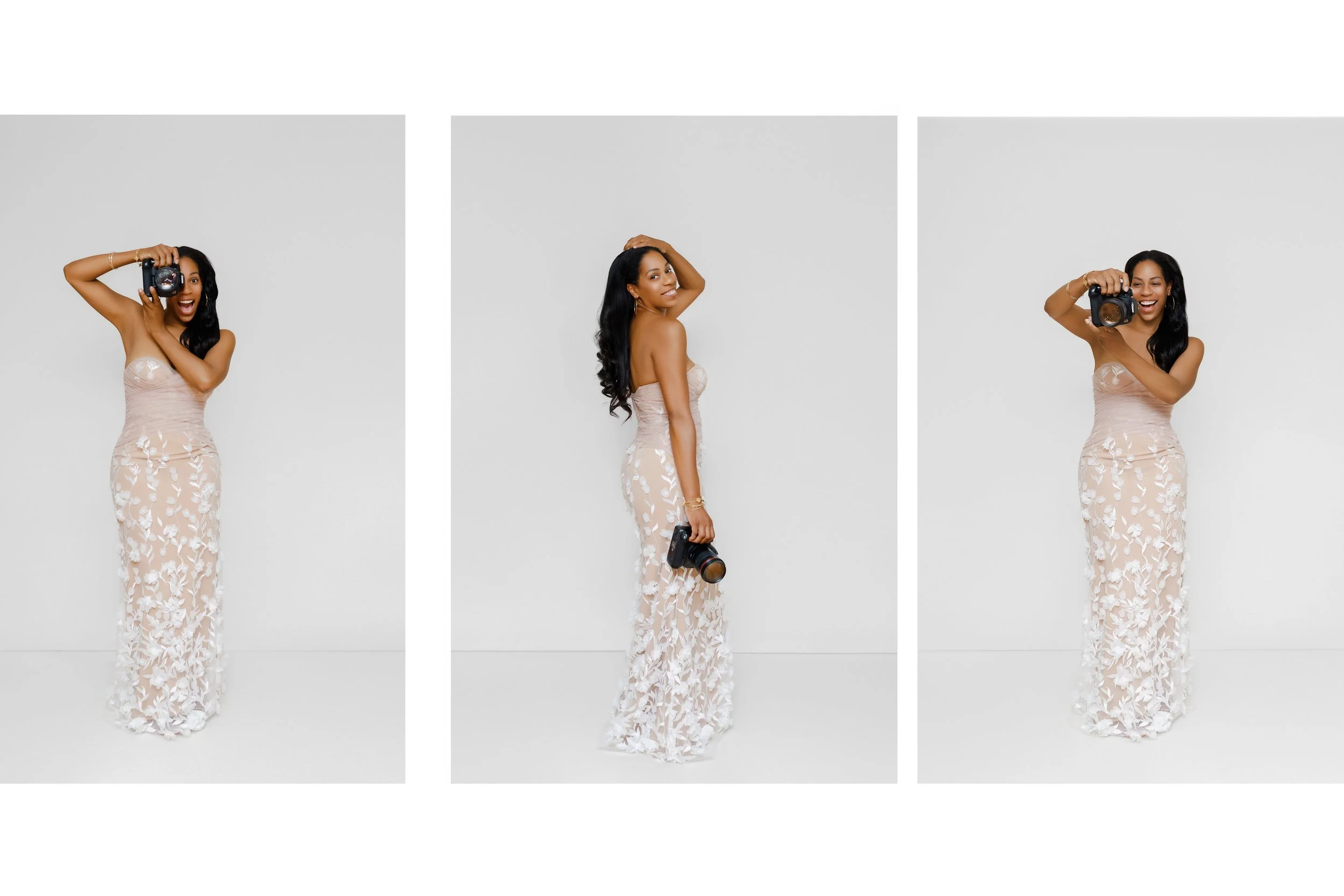 A woman in a strapless, sheer, floral gown holds a camera in a photo studio with a white background. She appears happy and playful in three different poses.