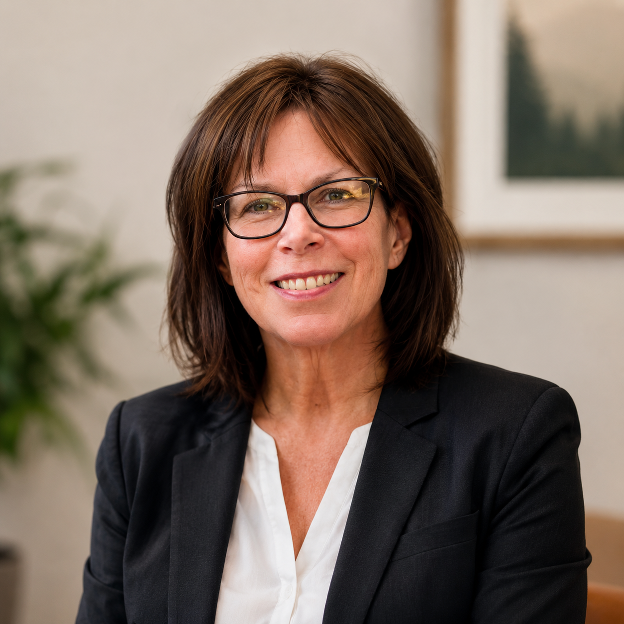 A woman smiles for the camera wearing glasses, a blazer, and a white button down shirt. She has dark brown hair and is smiling.