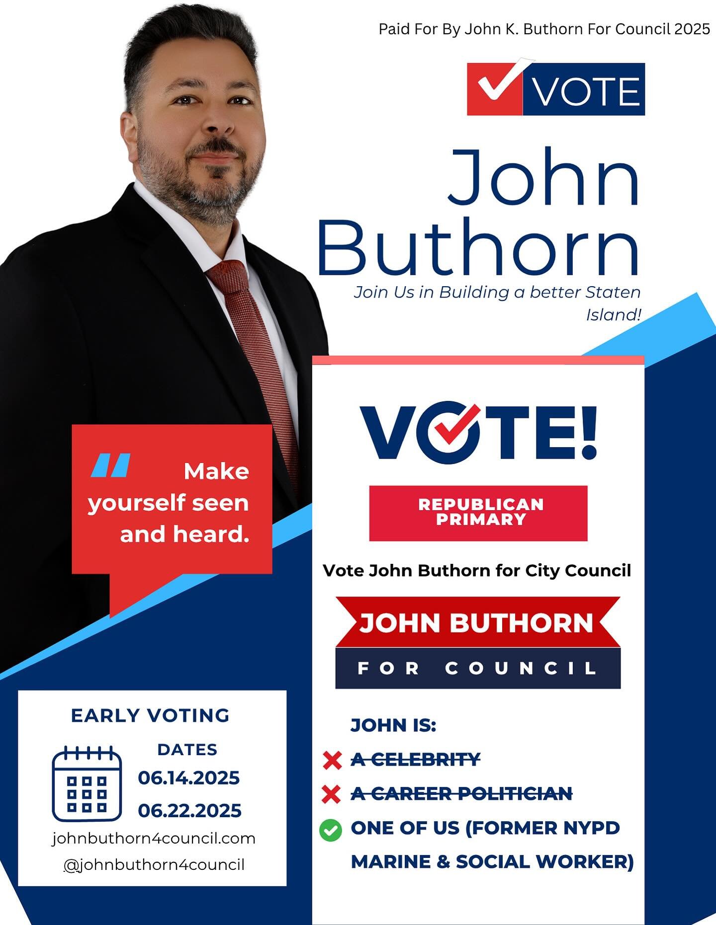 📣 7 DAYS UNTIL EARLY VOTING BEGINS! 🗳️
🔗 www.johnbuthorn4council.com

Early voting kicks off Saturday, June 14th &ndash; let&rsquo;s make it count! ✅
Mark your calendars and make your voice heard early!

Vote early and vote strong for John K. Buth