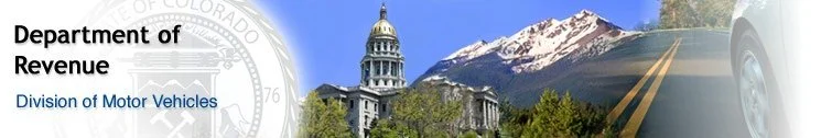 Colorado Department of Revenue Division of Motor Vehicles banner with a mountain landscape and government building