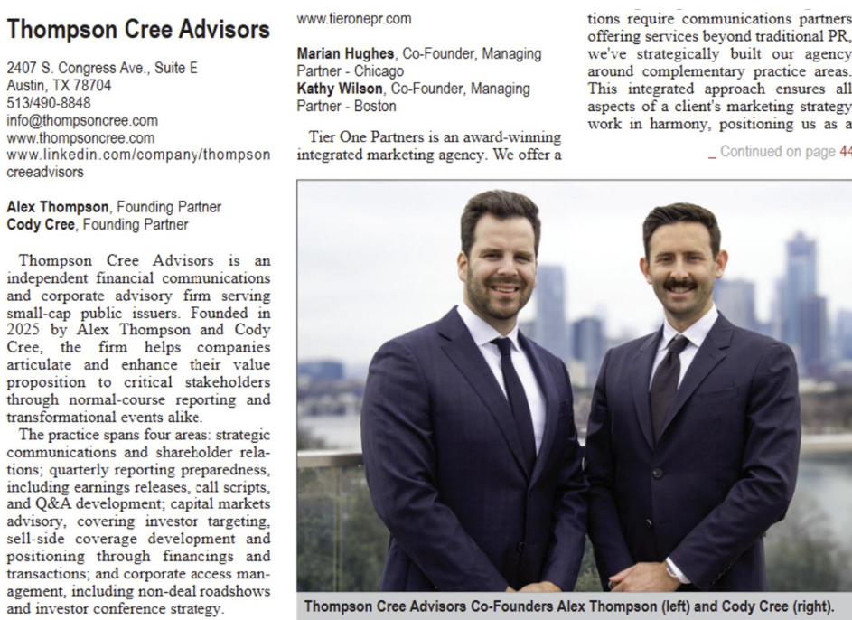 O’Dwyer’s Spotlights Thompson Cree in Its September 2026 Issue