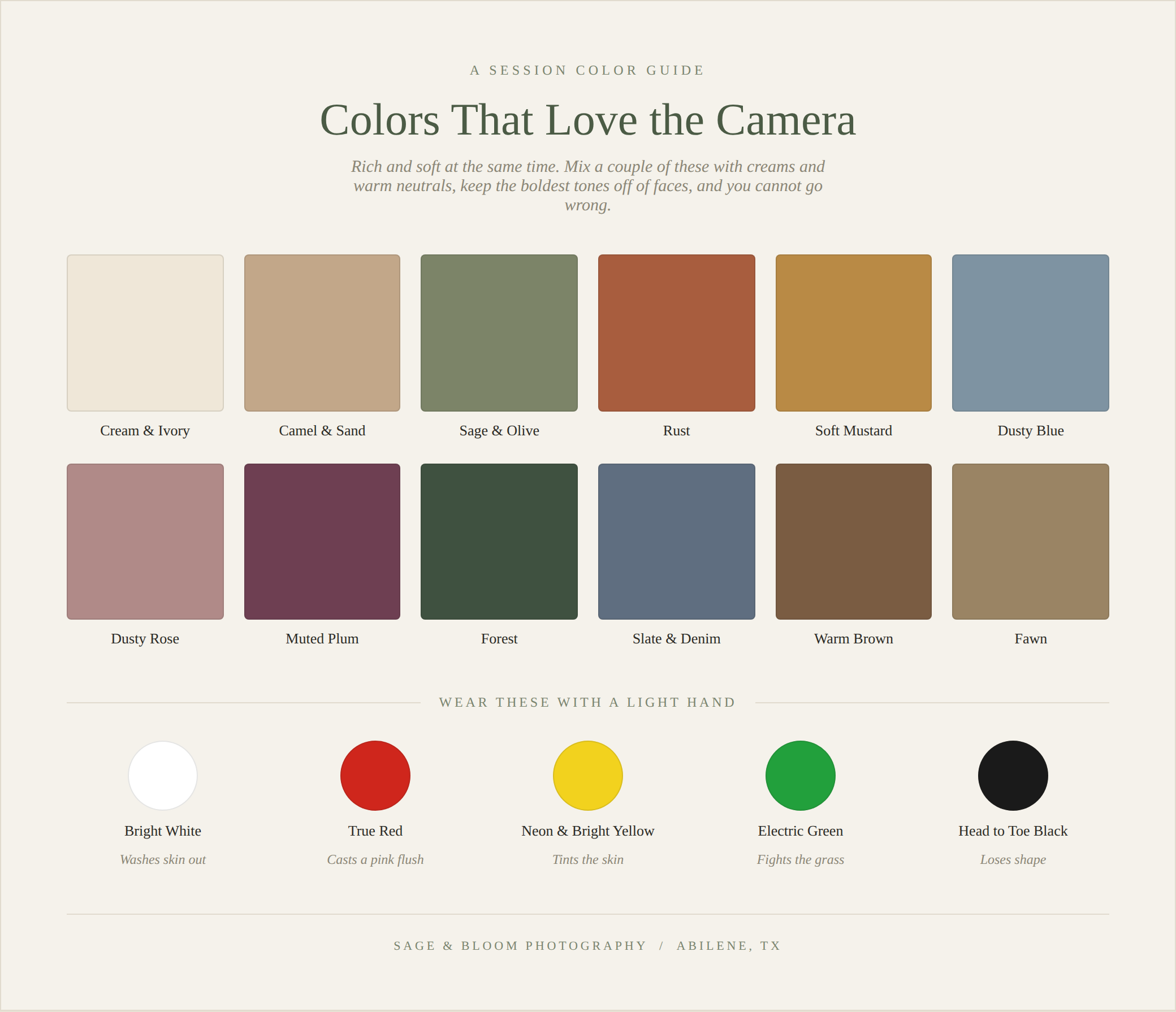 Sage & Bloom color guide showing camera-friendly colors for family photos: cream, camel, sage, rust, mustard, dusty blue, dusty rose, plum, forest, slate, brown, and fawn