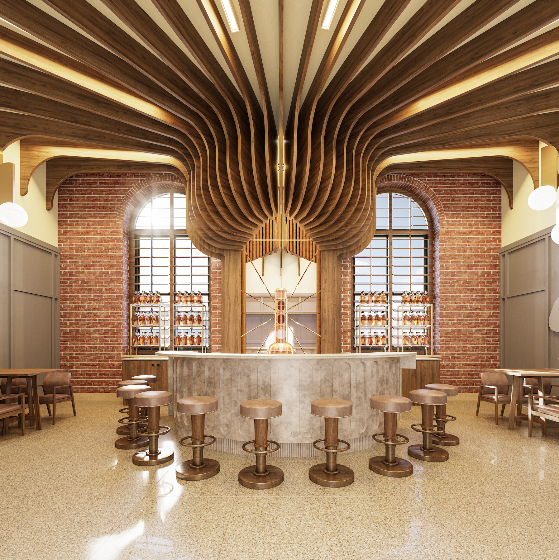 Modern bar in Angel's Envy Distillery with wooden ceiling installation, brick walls, large arched windows, and a concrete bar counter with barstools.
