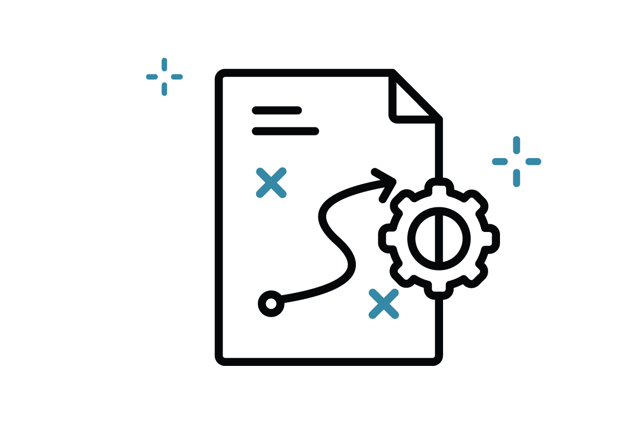 Document with a gear and pathway icon symbolizing strategy development and action planning for child care solutions.