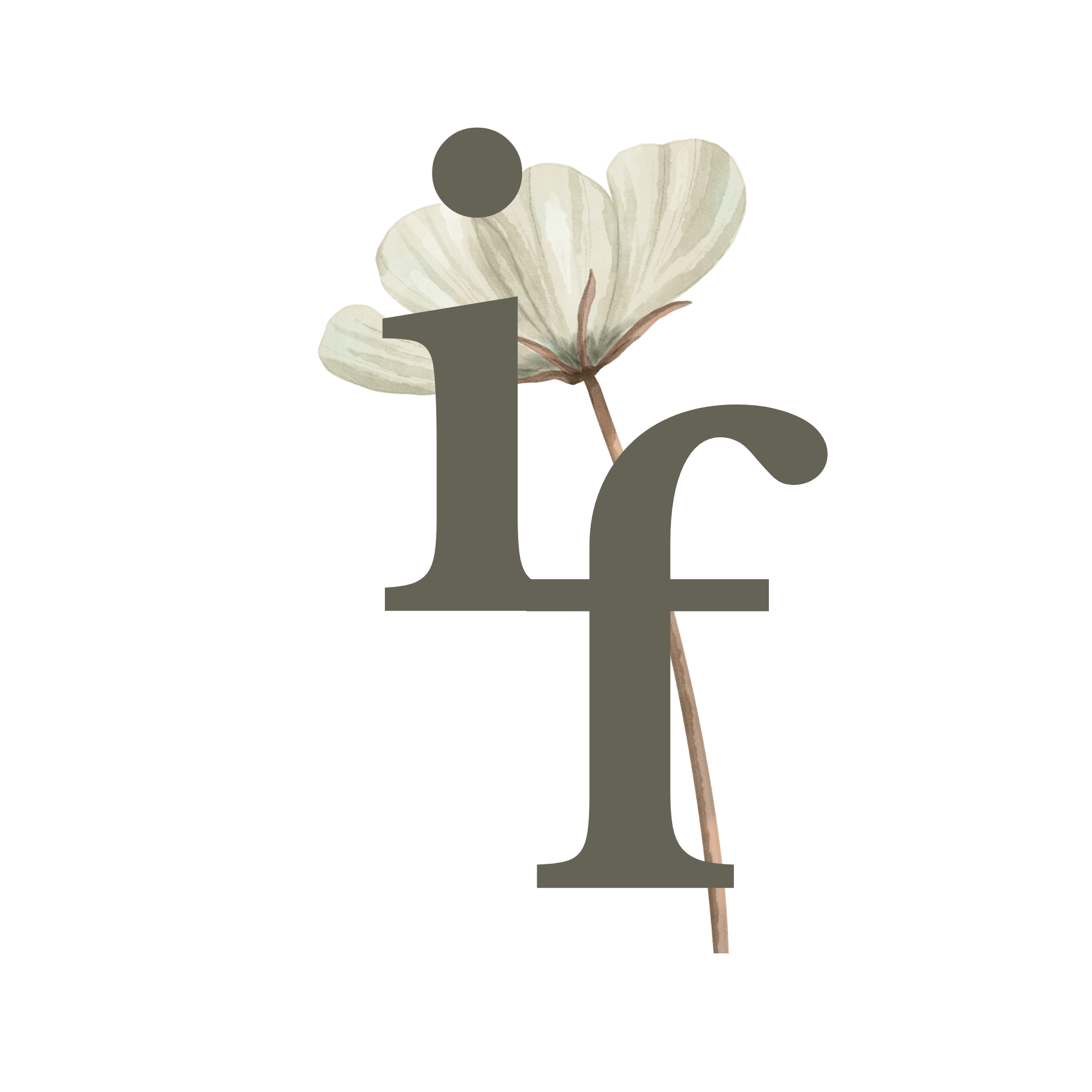 Ein dekoratives Design mit dem Buchstaben 'I' und einer Gänseblümchen-Blume im Hintergrund, die den Buchstaben teilweise überlappt.