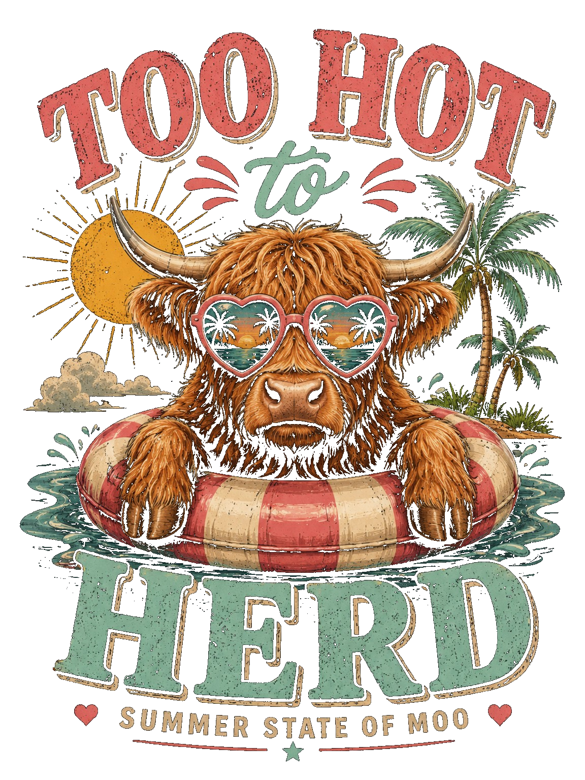 A colorful, tropical-themed illustration of a Highland cow wearing heart-shaped sunglasses with a sunset reflection, sitting in a life preserver, with palm trees, a yellow sun, and clouds in the background. Text says 'Too Hot to Handle' and 'Red Summer State of Moo'.