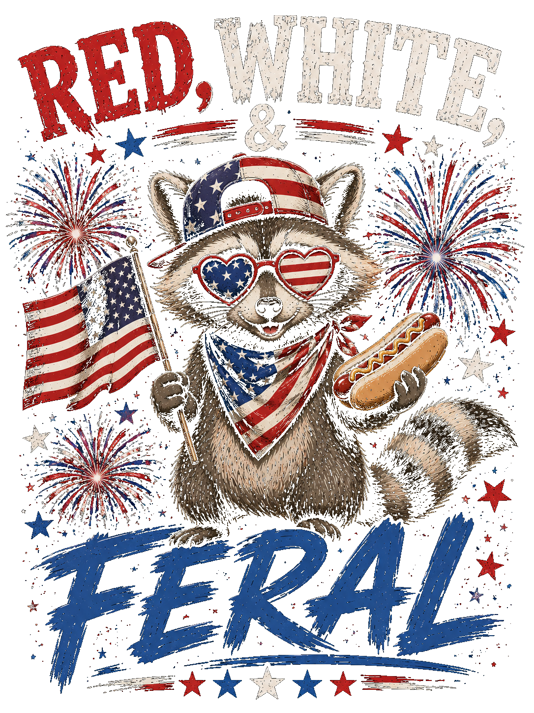 A raccoon wearing patriotic accessories such as sunglasses with stars and stripes, a cap with an American flag design, and a bandana, holding an American flag and a hot dog, with fireworks and stars in the background, and the words 'Red, White, & ZTR' in bold letters.