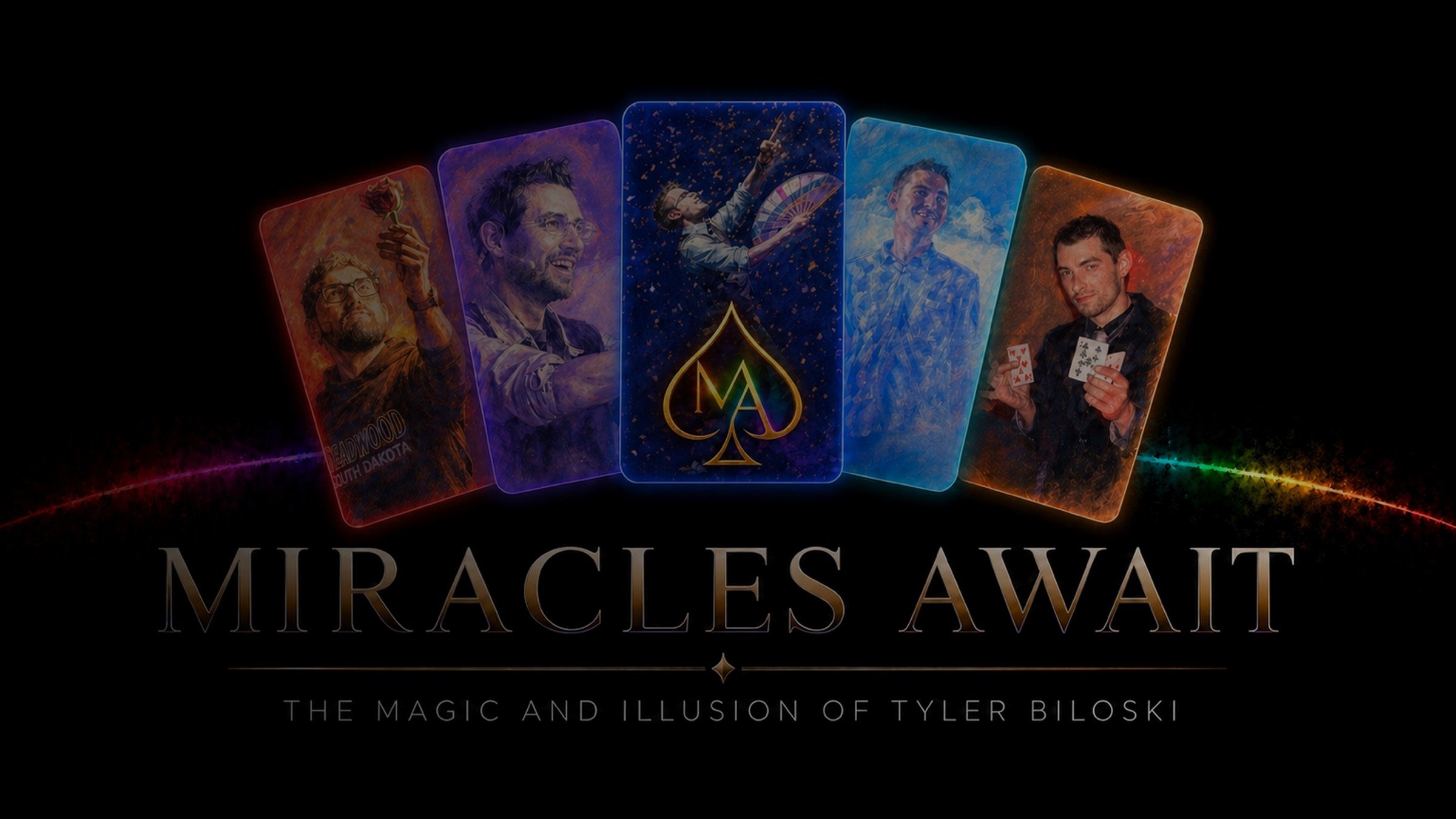 Promotional image for the book 'Miracles Await: The Magic and Illusion of Tyler Biloski,' featuring illustrated portraits of five magicians with colorful, glowing effects.