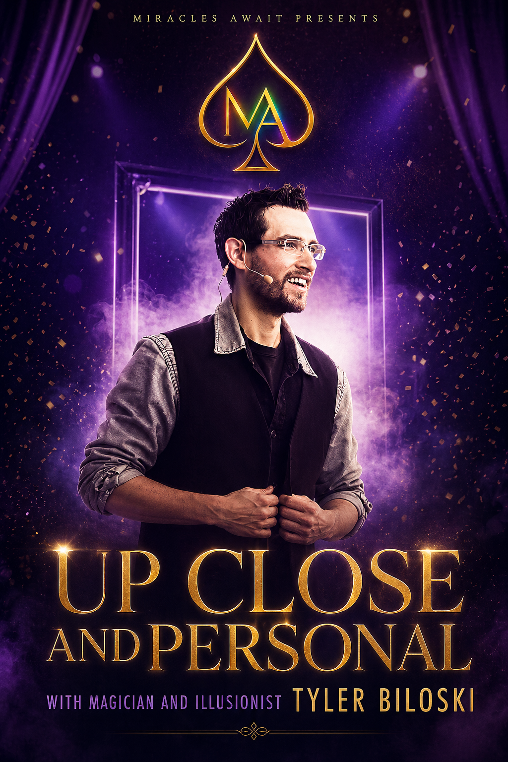 Book cover for "Up Close and Personal" by Tyler Biloski, featuring a man with glasses and a beard, wearing a microphone headset, standing against a purple and gold background with confetti and a spade symbol with initials 'NA' inside.