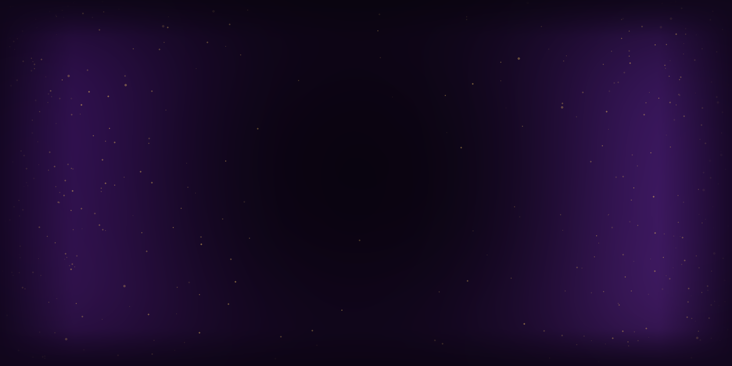 A dark, cosmic background with purple hues and scattered tiny golden stars.