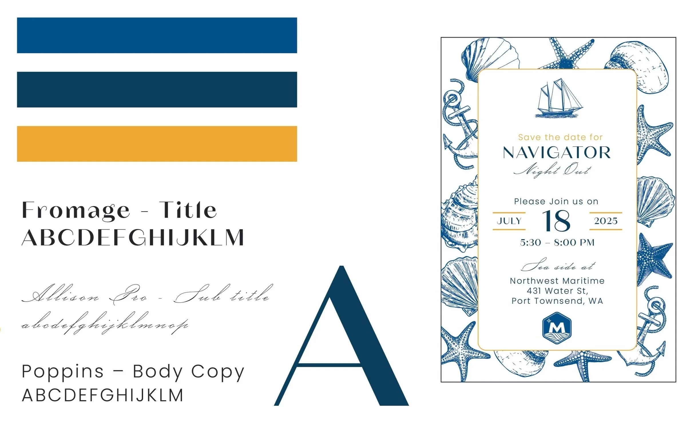 A digital design featuring overlapping event invitation and branding elements with navy blue, white, and gold colors. The invitation includes a nautical-themed border with seashells, starfish, and anchors, and details for a 'Night Out' event scheduled for July 18, 2025, from 5:30 to 8:00 PM at Northwest Maritime, Portland, Washington.