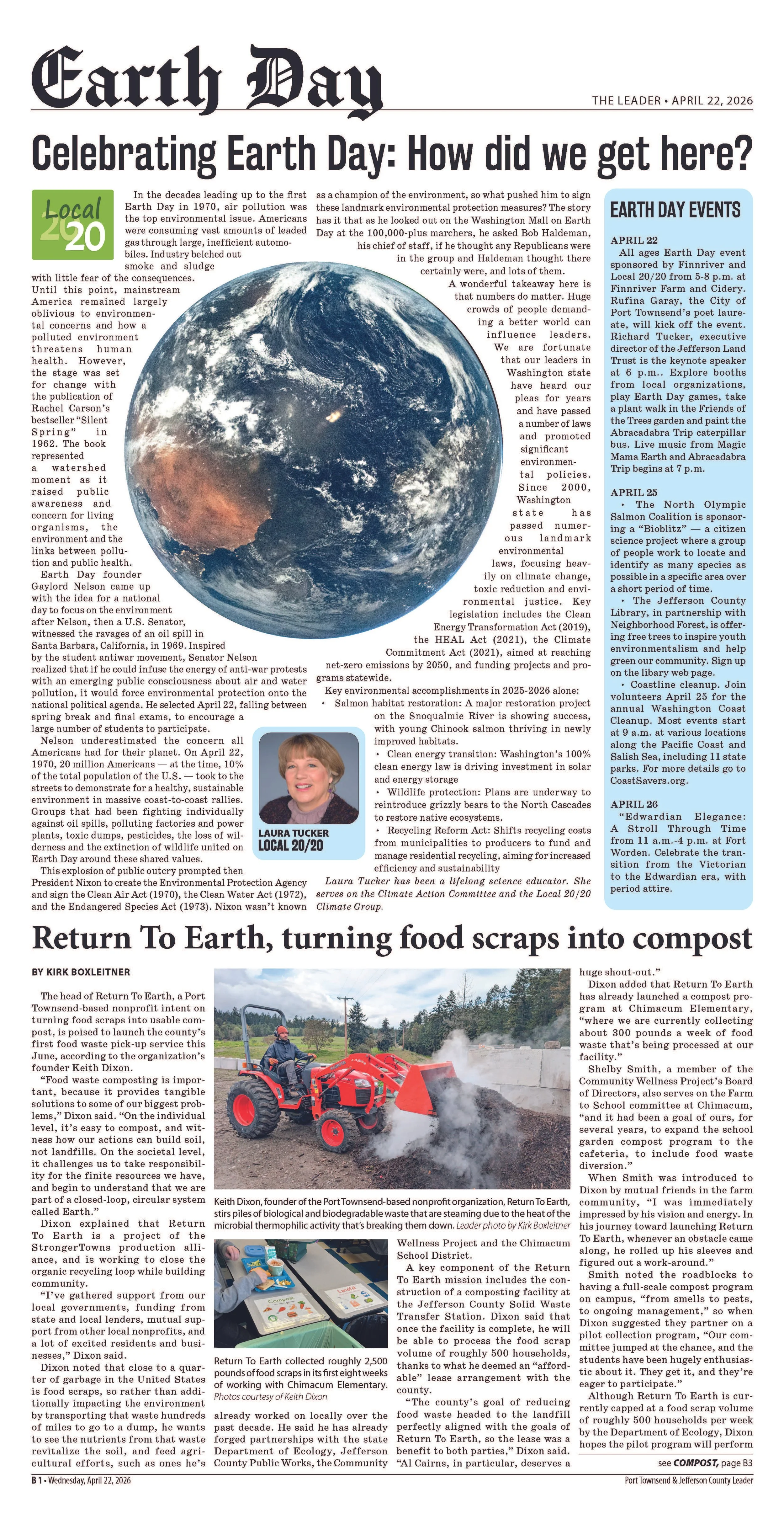 Front page of a newspaper titled "Earth Day" with an article about Earth's environmental history, a large image of Earth, and smaller articles about local Earth Day events and environmental initiatives.