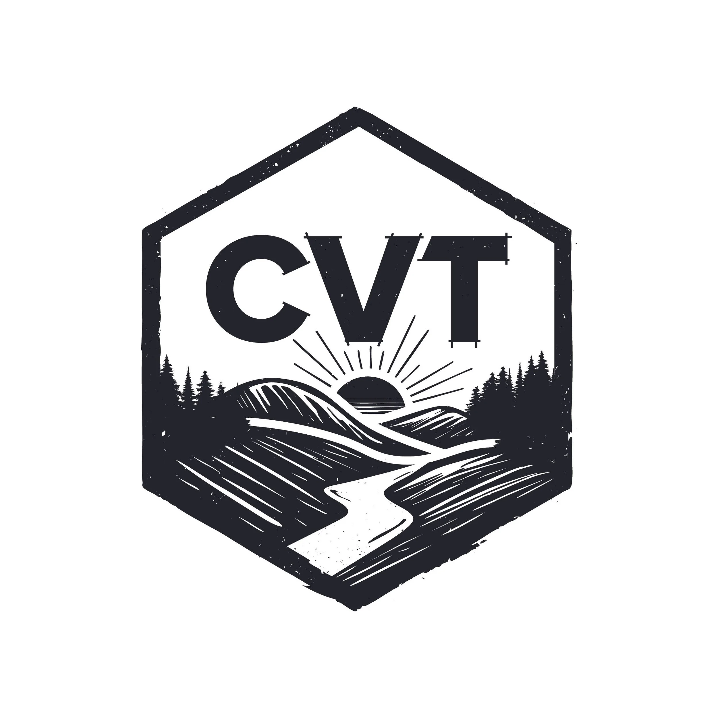 A black and white graphic design with the word 'COV' and a mountain landscape with trees and a sunrise or sunset in the background.