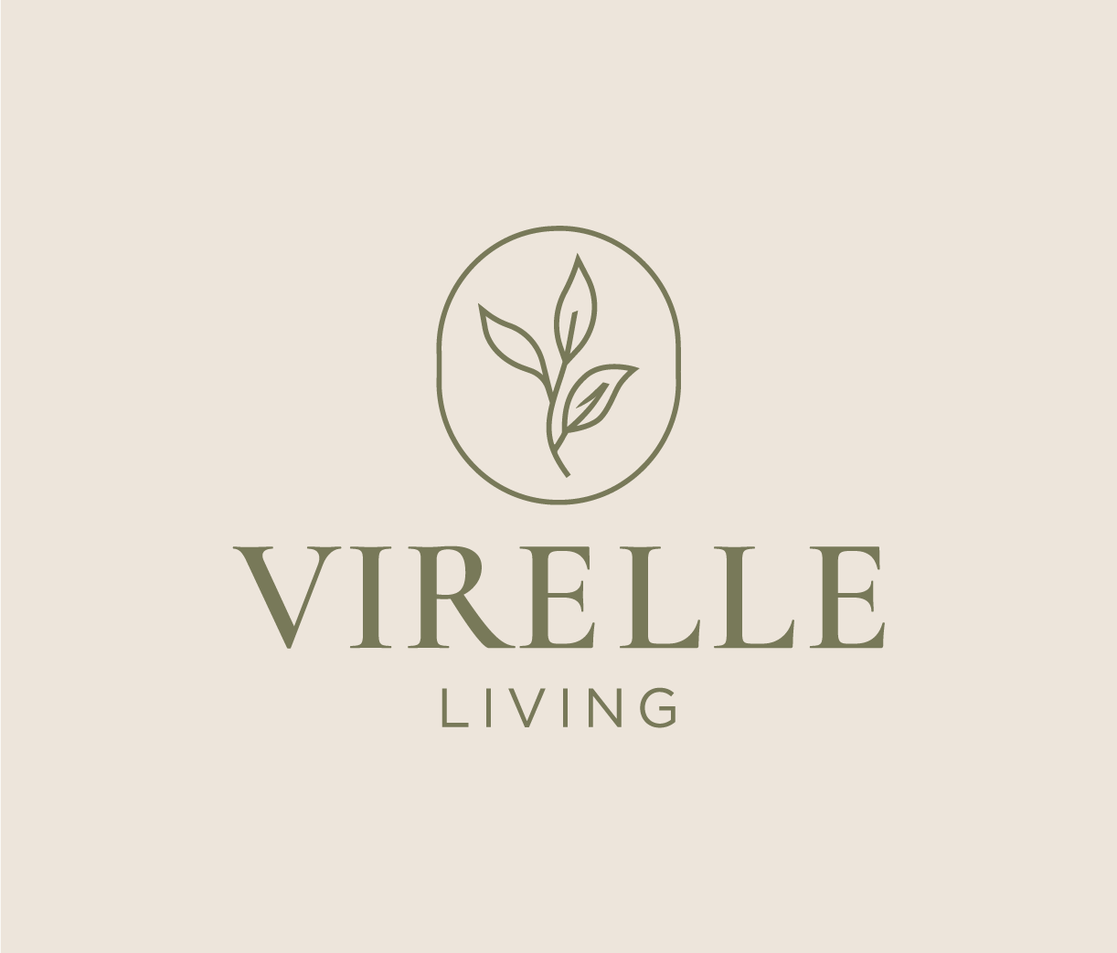 Virelle Living logo with a minimalist leaf illustration inside an oval, in muted green tones on a beige background.