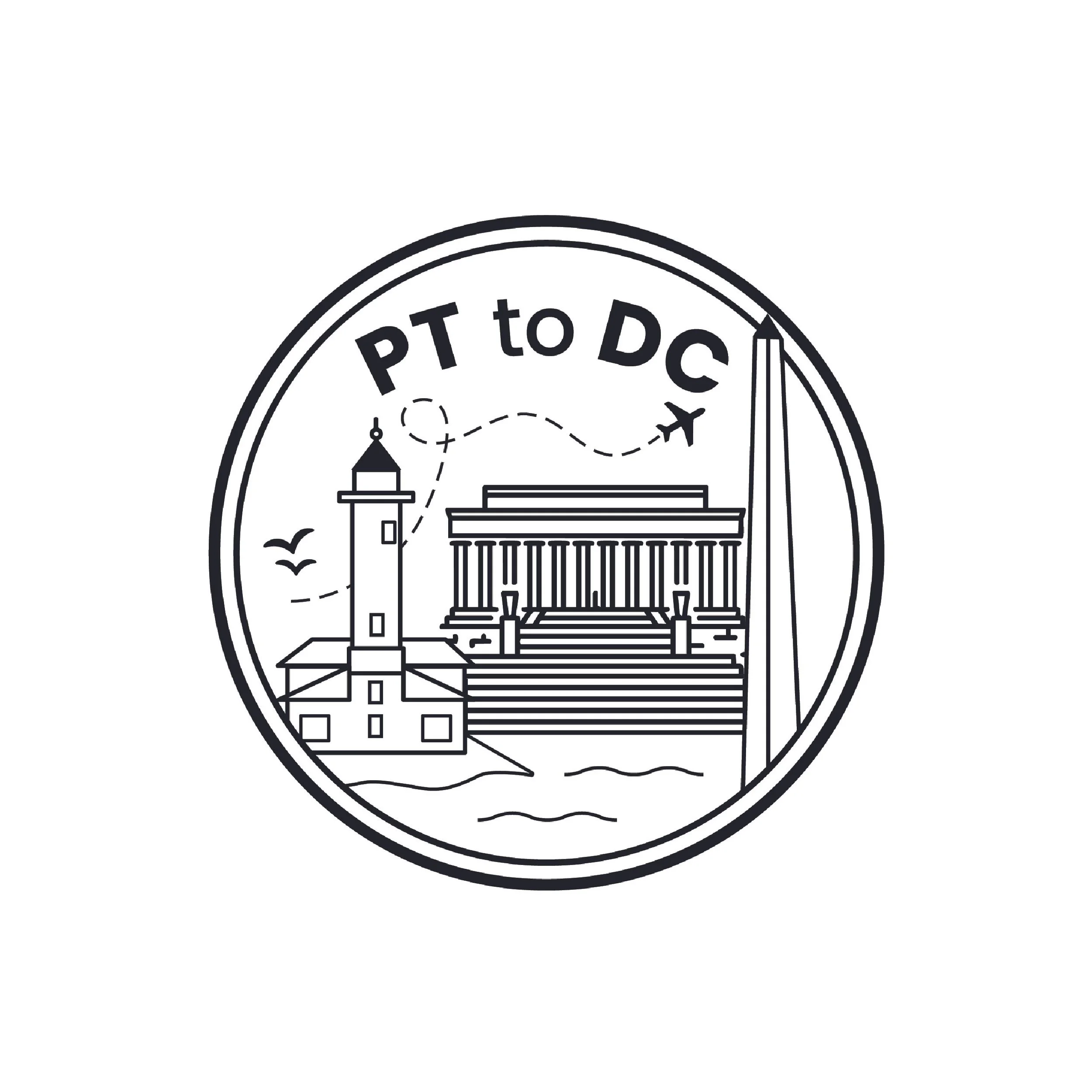 Black and white illustration of a circular badge with a vintage town hall or government building, birds flying nearby, and text that reads 'PT to DC' and 'Travel' with a small airplane icon.