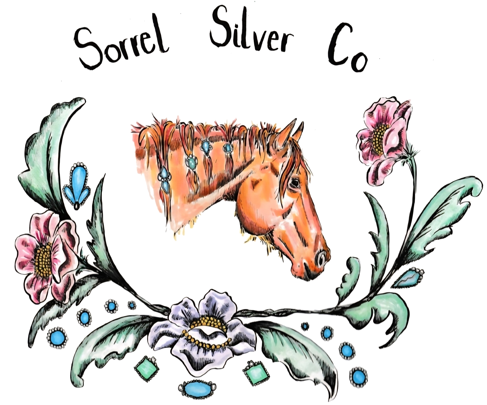 Illustration of a horse's head surrounded by flowers and jewelry, with the text 'Sorrel Silver Co.' at the top.