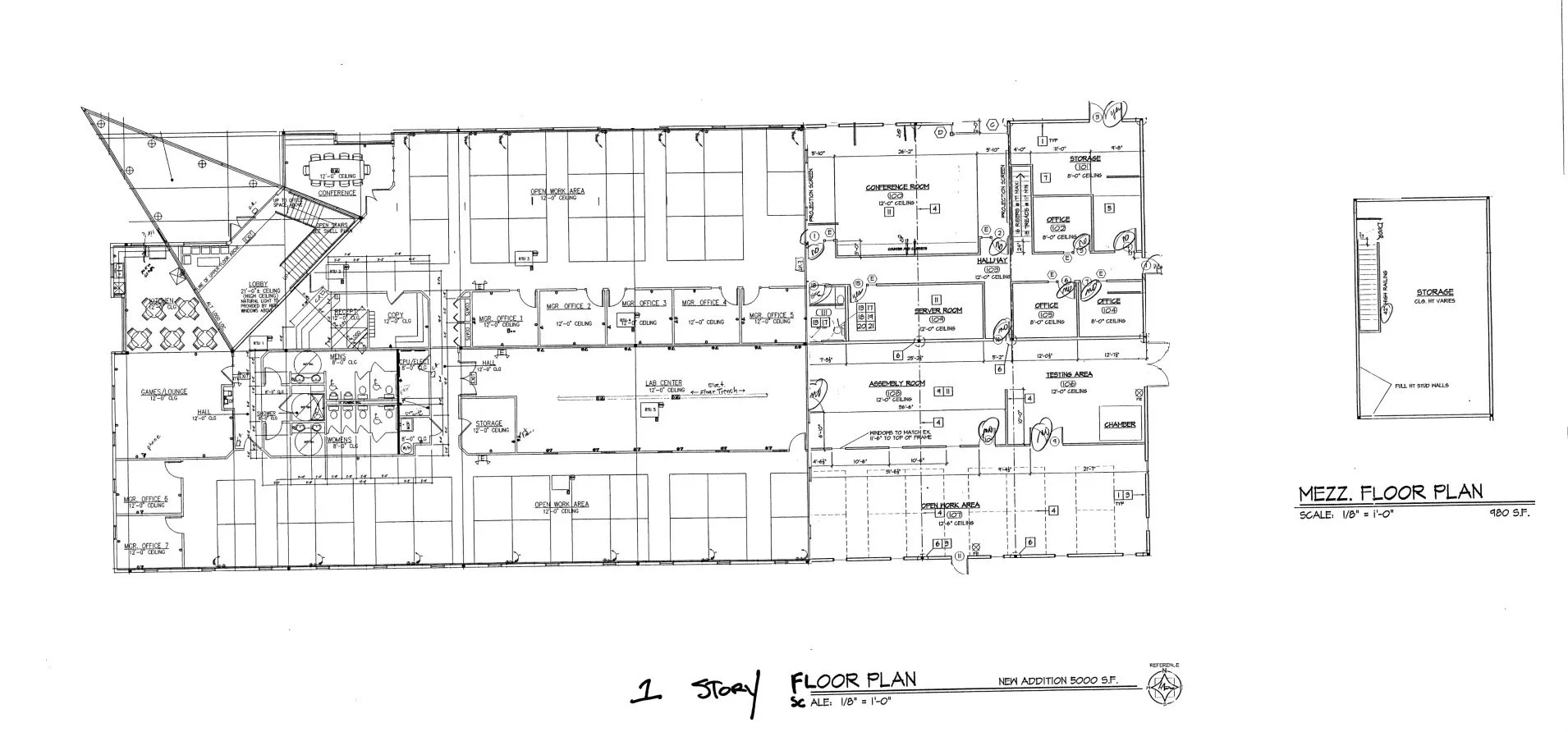 Architectural floor plan for a multi-room building including offices, conference rooms, open work areas, storage, and restrooms labeled with dimensions and design details.