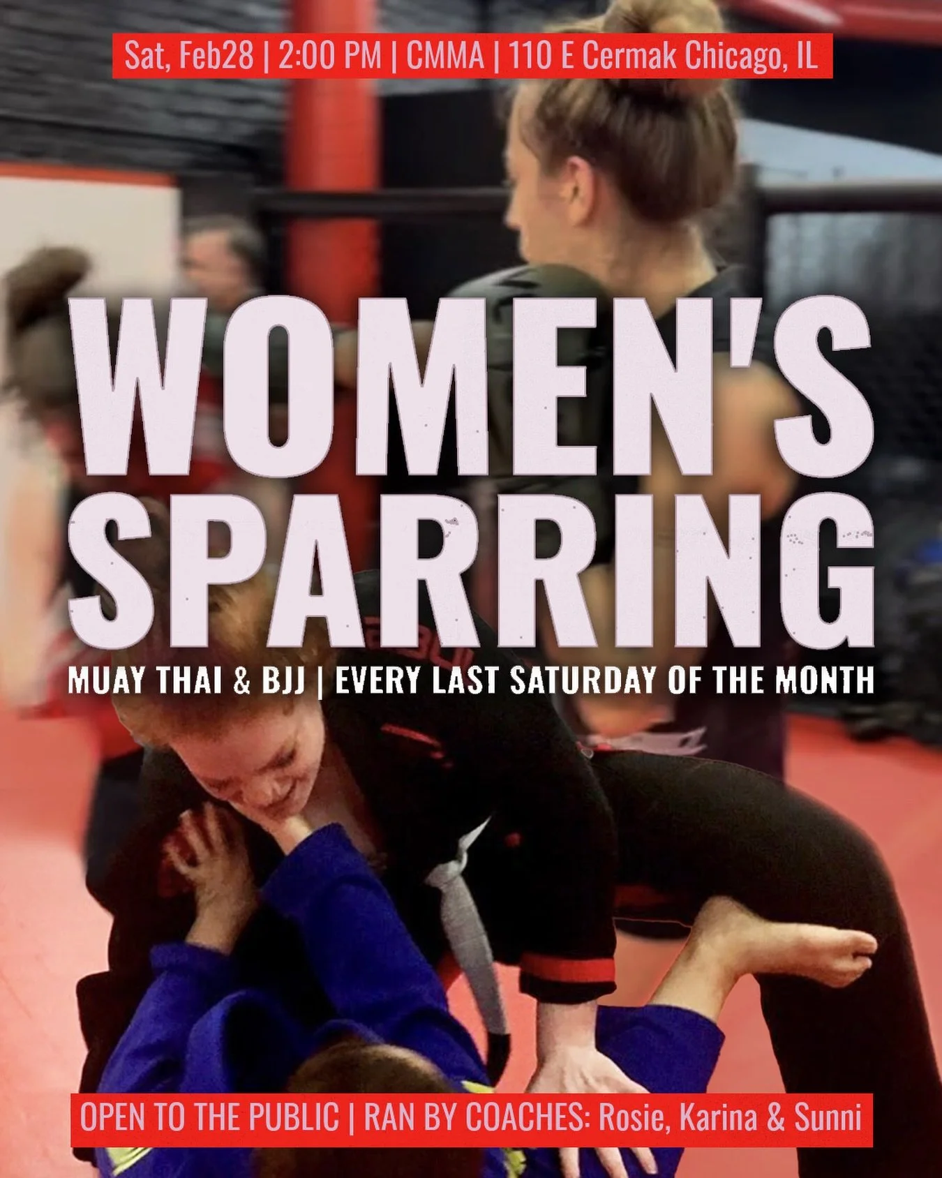 Every last Saturday of the month we&rsquo;re opening the mats for our CMMA Women&rsquo;s Only Sparring 💥

Muay Thai + BJJ 2&ndash;3 PM CMMA South Loop

Open to all women and all who identify, and open to all gyms and all students. Whether you&rsquo;