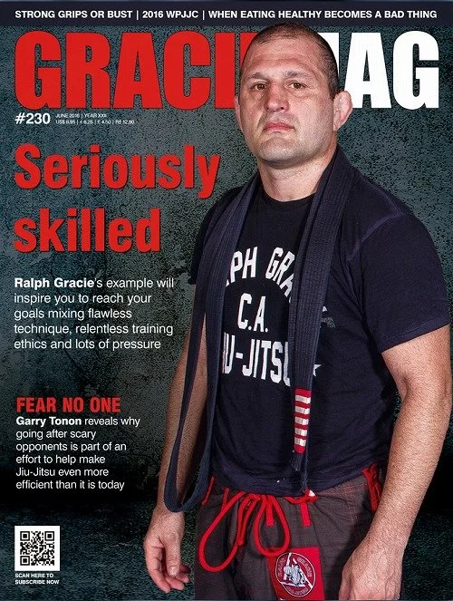 Cover of Gracie Mag magazine featuring Garry Tonon in Brazilian Jiu-Jitsu gear, wearing a black shirt with white text, a black jacket, and red belt. Background is dark green, with large red and white text reading "Seriously skilled" and other article highlights.