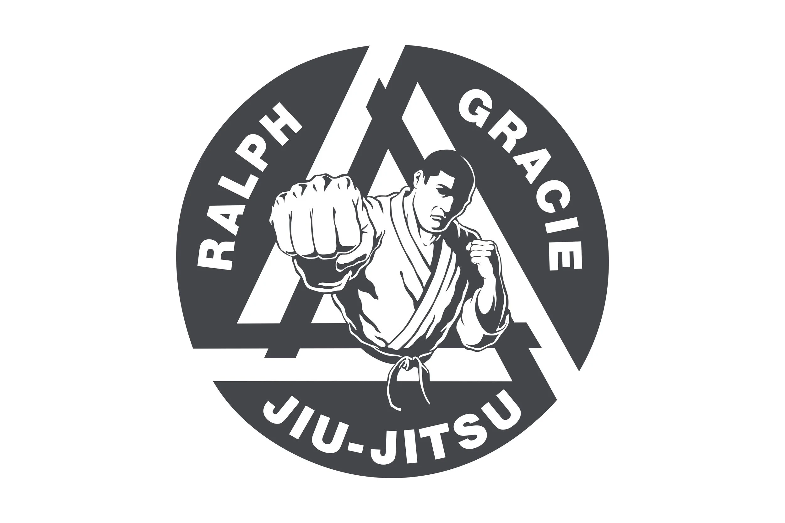 Martial arts logo featuring a male fighter in a gi with a fist extended forward, surrounded by a circle with the words "RALPH GRACIE" and "JIU-JITSU".