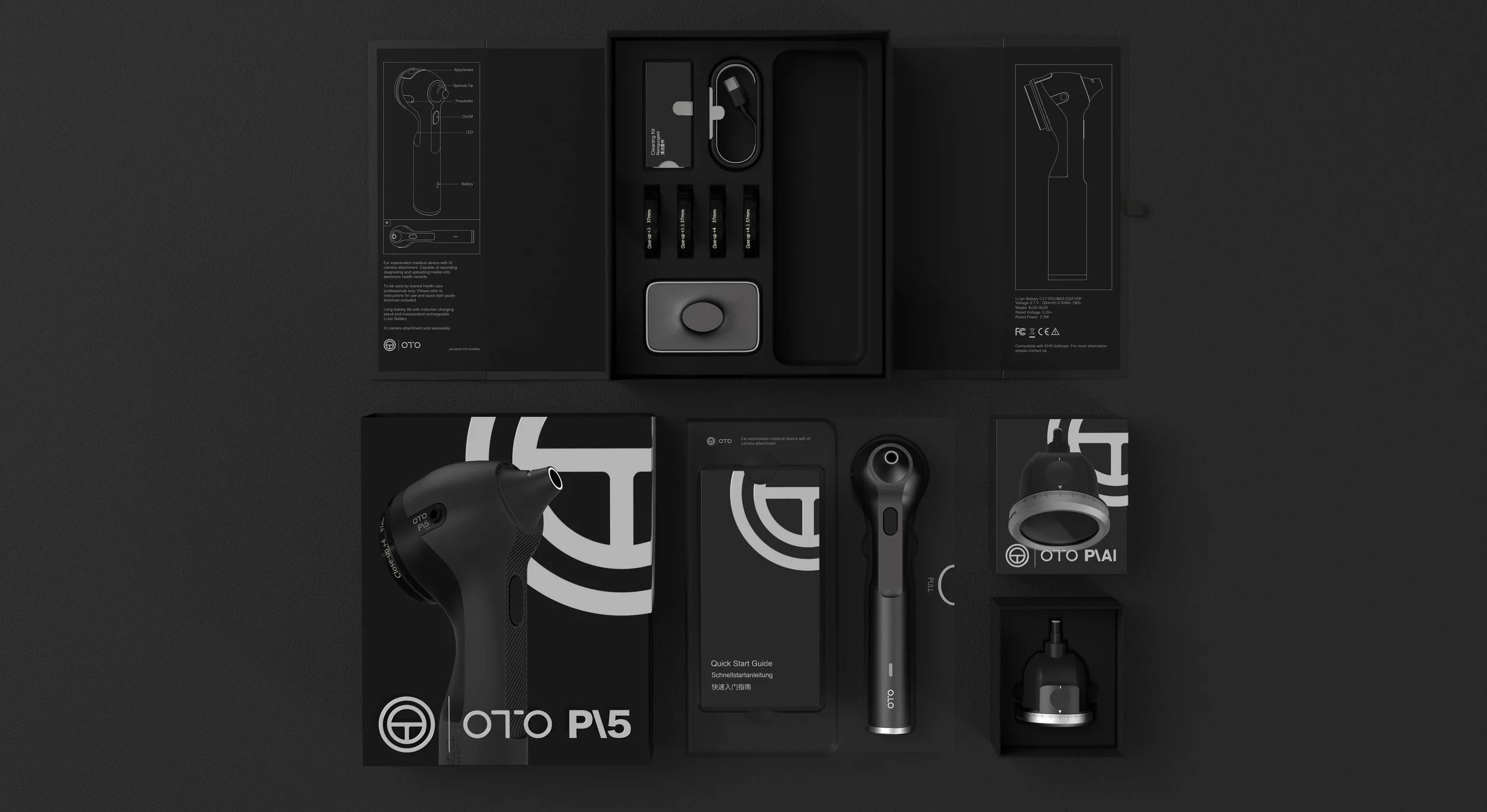 Top-down view of the Oto medical device packaging and contents arranged neatly on a black background — showing the sleeve, inner boxes, quick start guide, and otoscope components.