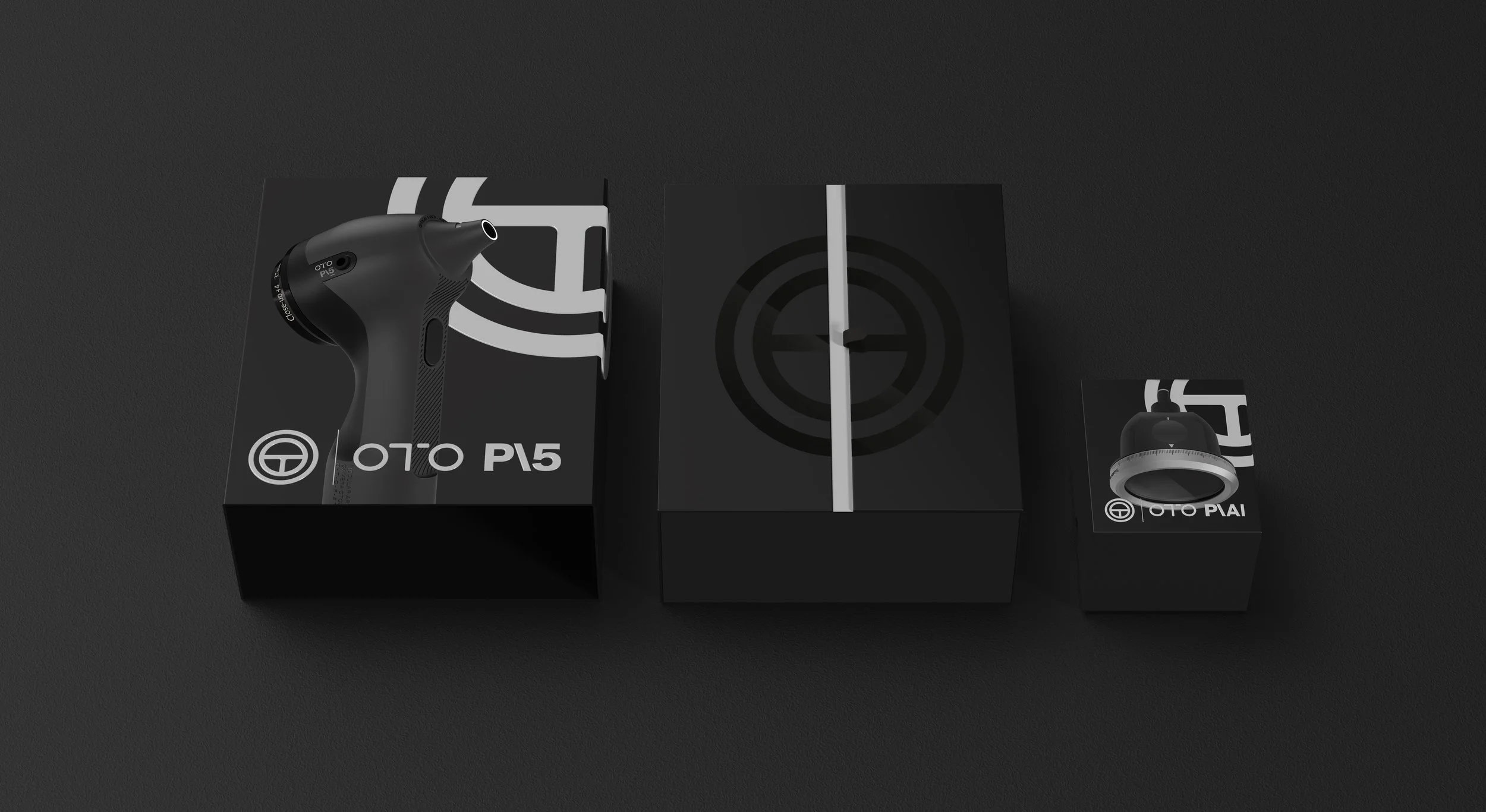 Three-quarter view of the Oto packaging with sleeve removed, showing two stacked inner boxes in a clean, minimalist medical design style.