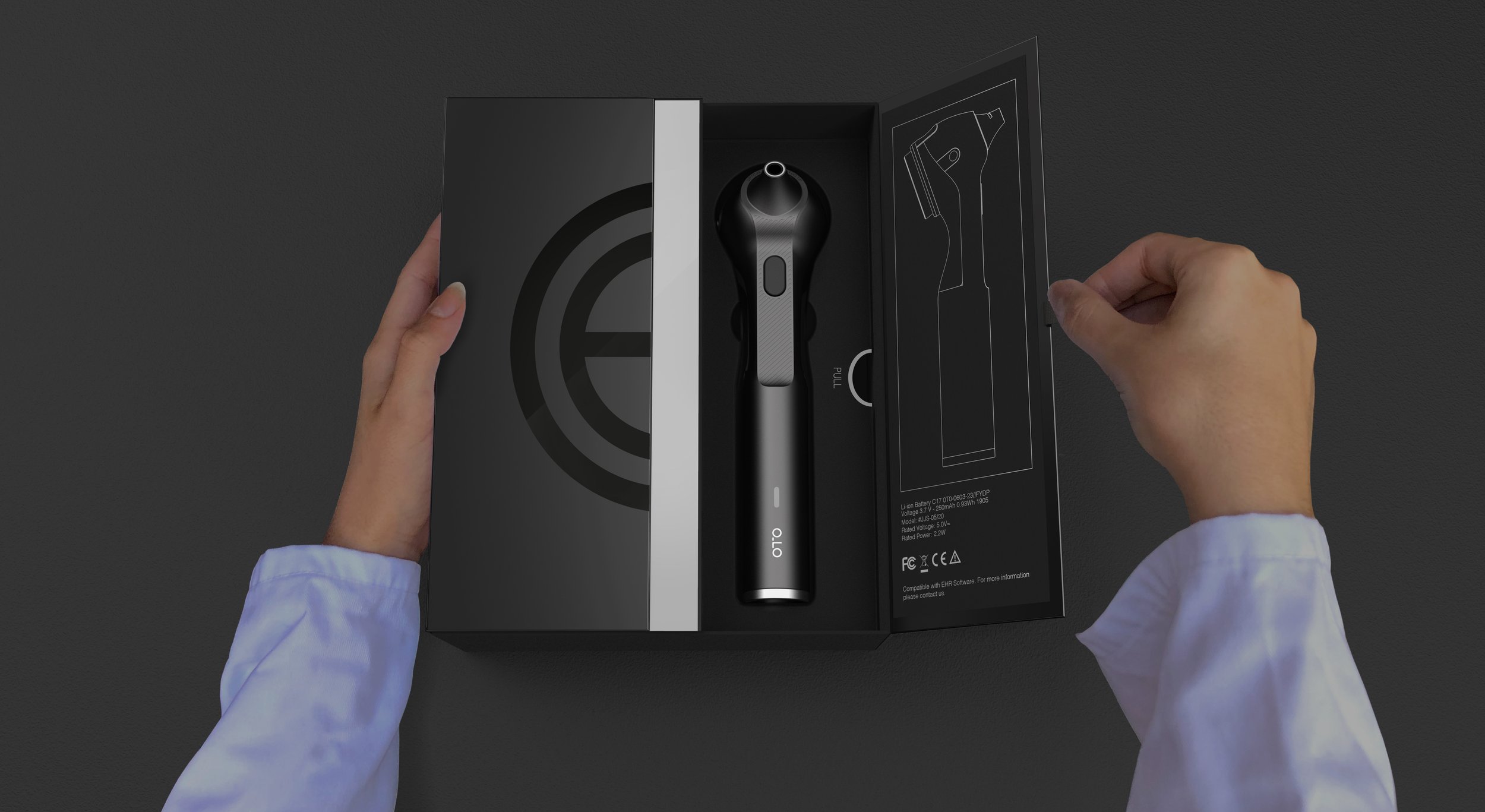 Top-down view of two hands opening the Oto packaging to reveal the AI-powered otoscope nestled in precision-cut inserts, reflecting a thoughtful unboxing experience.