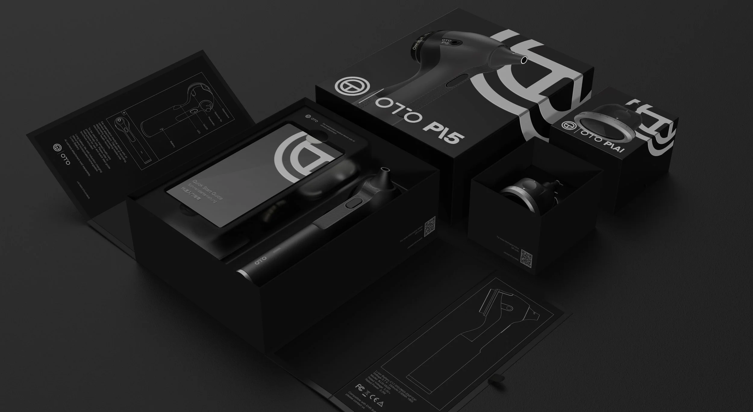 Three-quarter view showing the Oto device, accessories, and printed quick start guide arranged beside the open packaging, highlighting the complete product presentation.