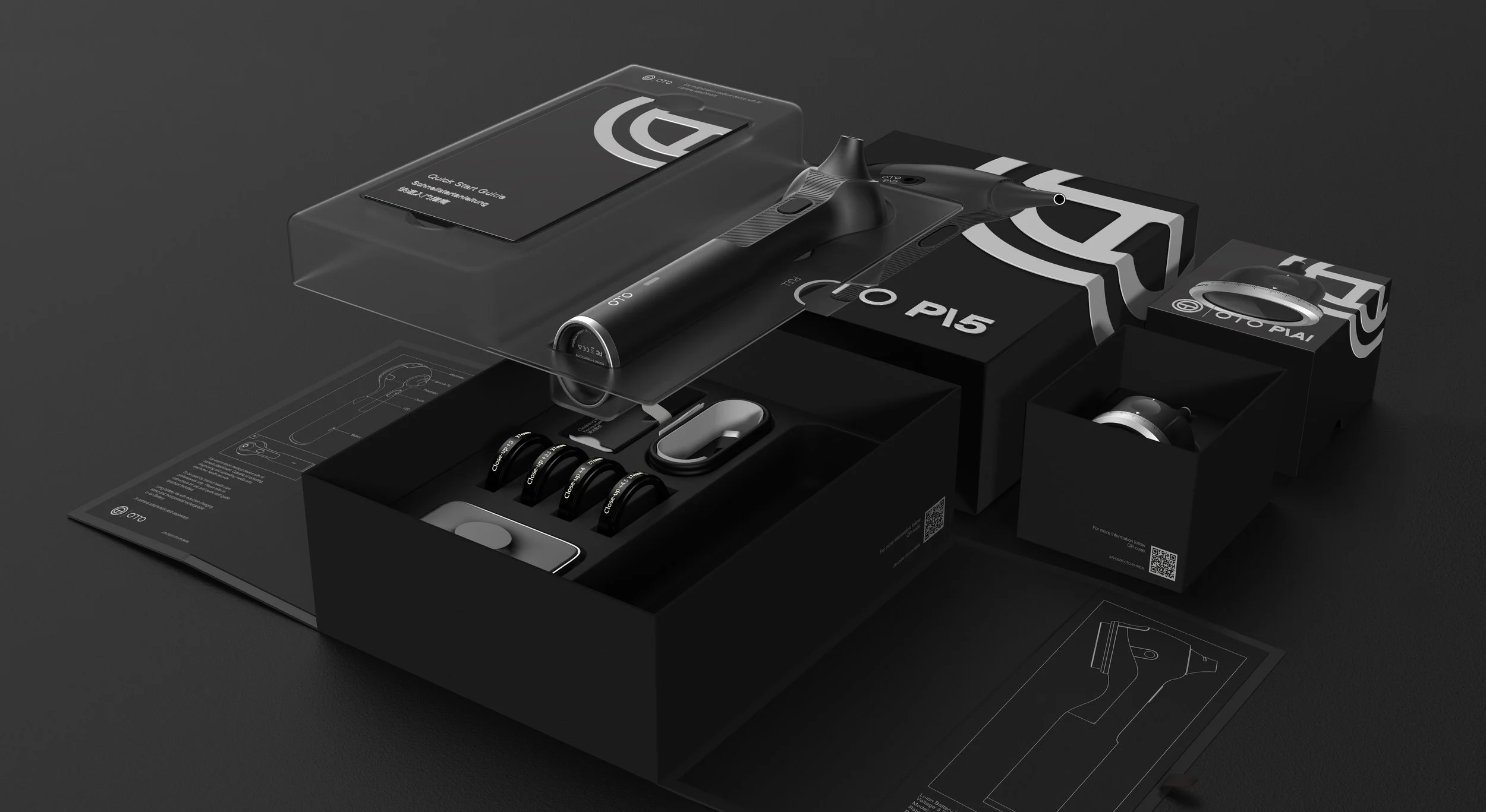 Exploded view rendering of the Oto packaging with layers floating above one another, revealing the structured internal compartments and hidden accessory storage.