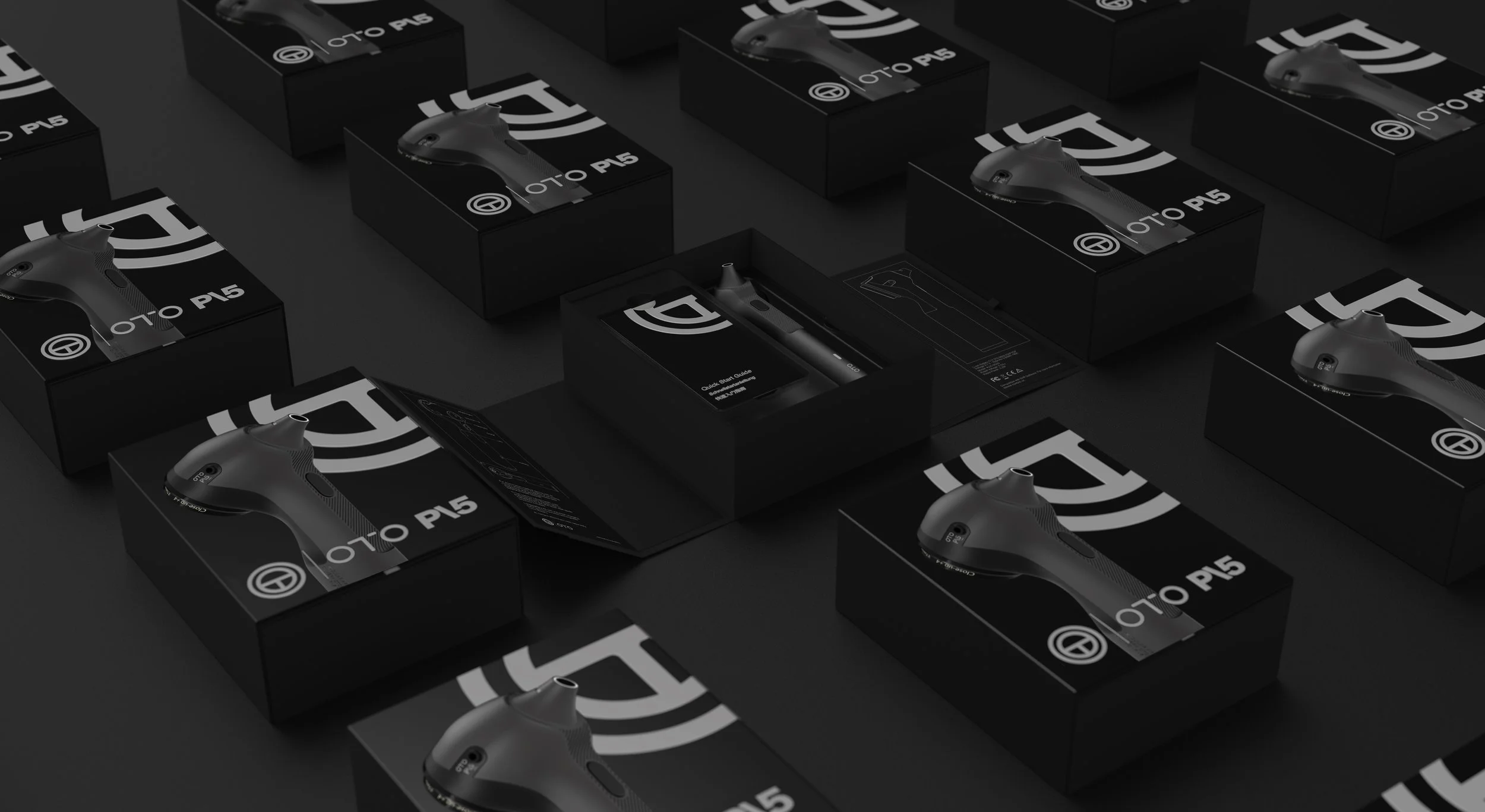 Rendered image showing a grid of Oto packaging boxes filling the frame, with one central box open to display the interior design and product inside.