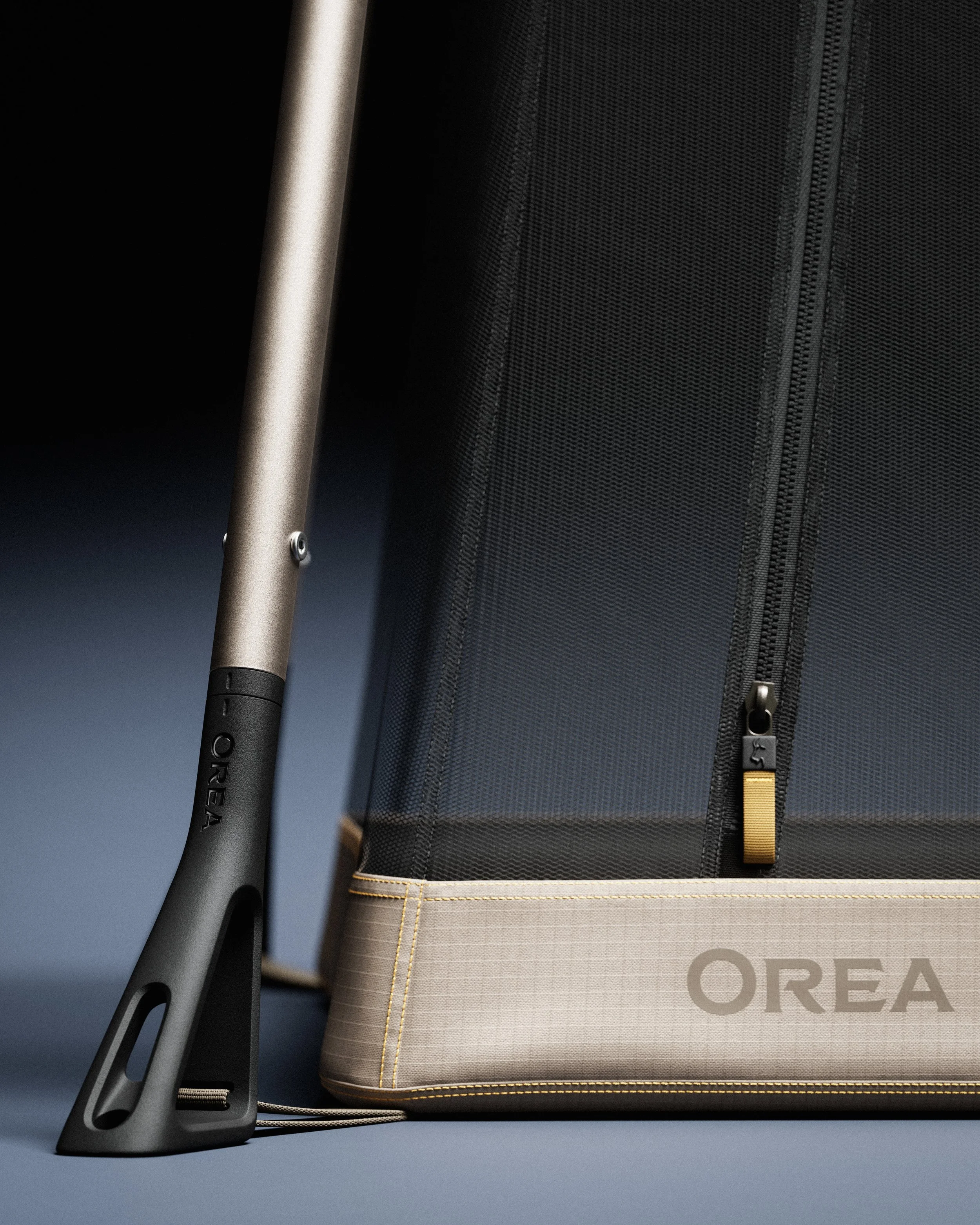 Bottom foot of the Orea Adventure Crib showing the outdoor camping visual language design.