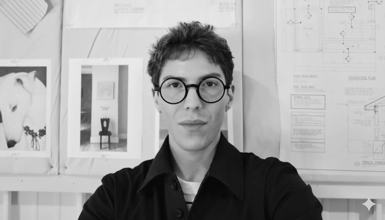Black and white photo of a young person with curly hair and glasses, leaning on a chair with one hand on the backrest, in front of a plain wall.