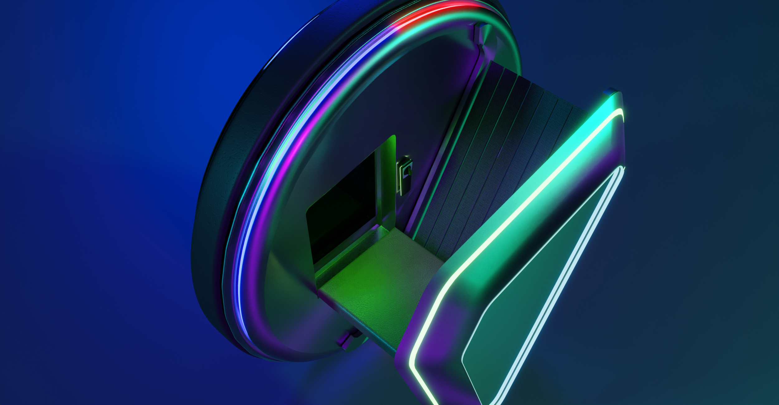 Futuristic circular device with a glowing neon light and a retractable platform, set against a blue background.