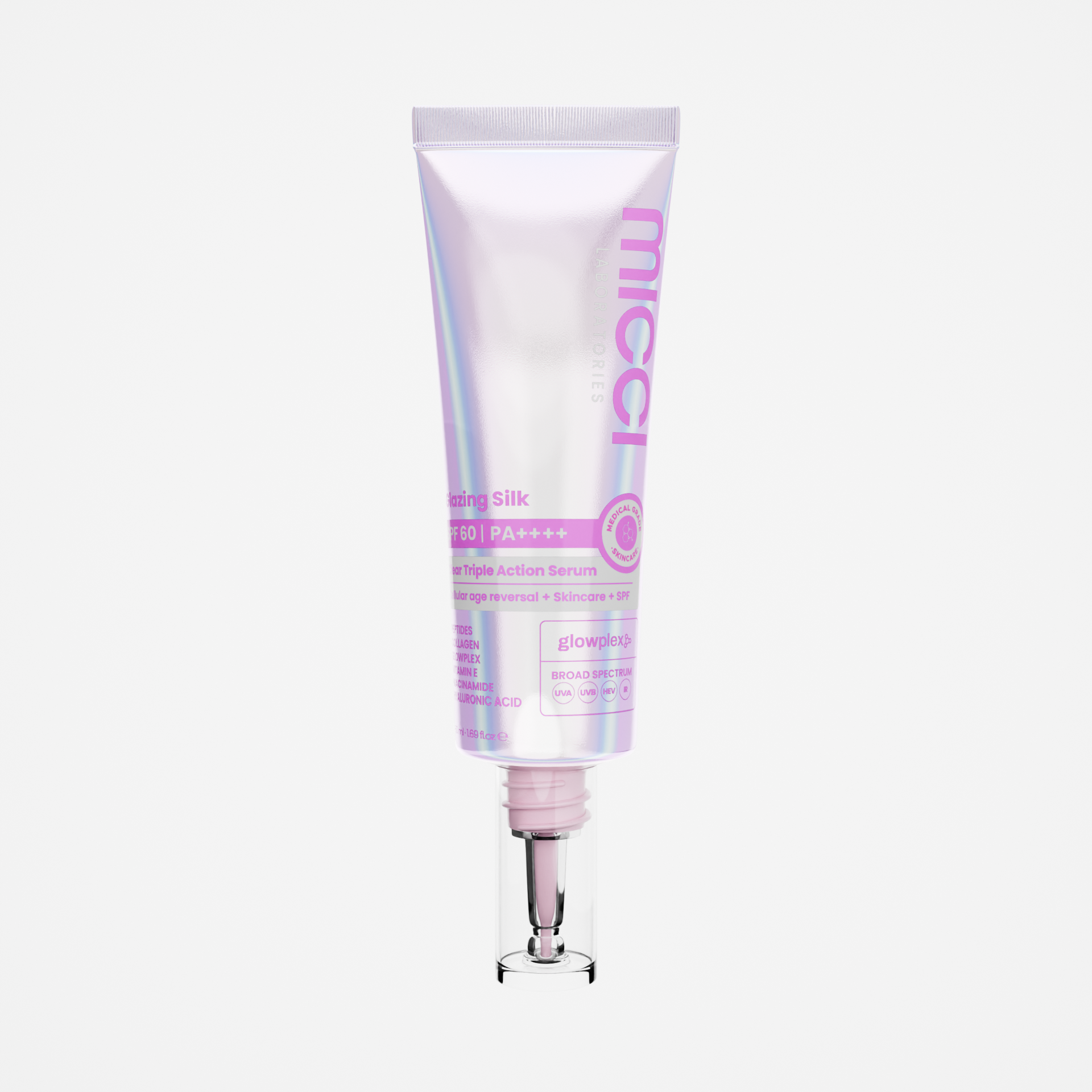 A skincare product in a shiny, iridescent tube with a pump dispenser, labeled 'Micro Toning Silk' with SPF 60 and PA++++, featuring pink and purple text and logos.