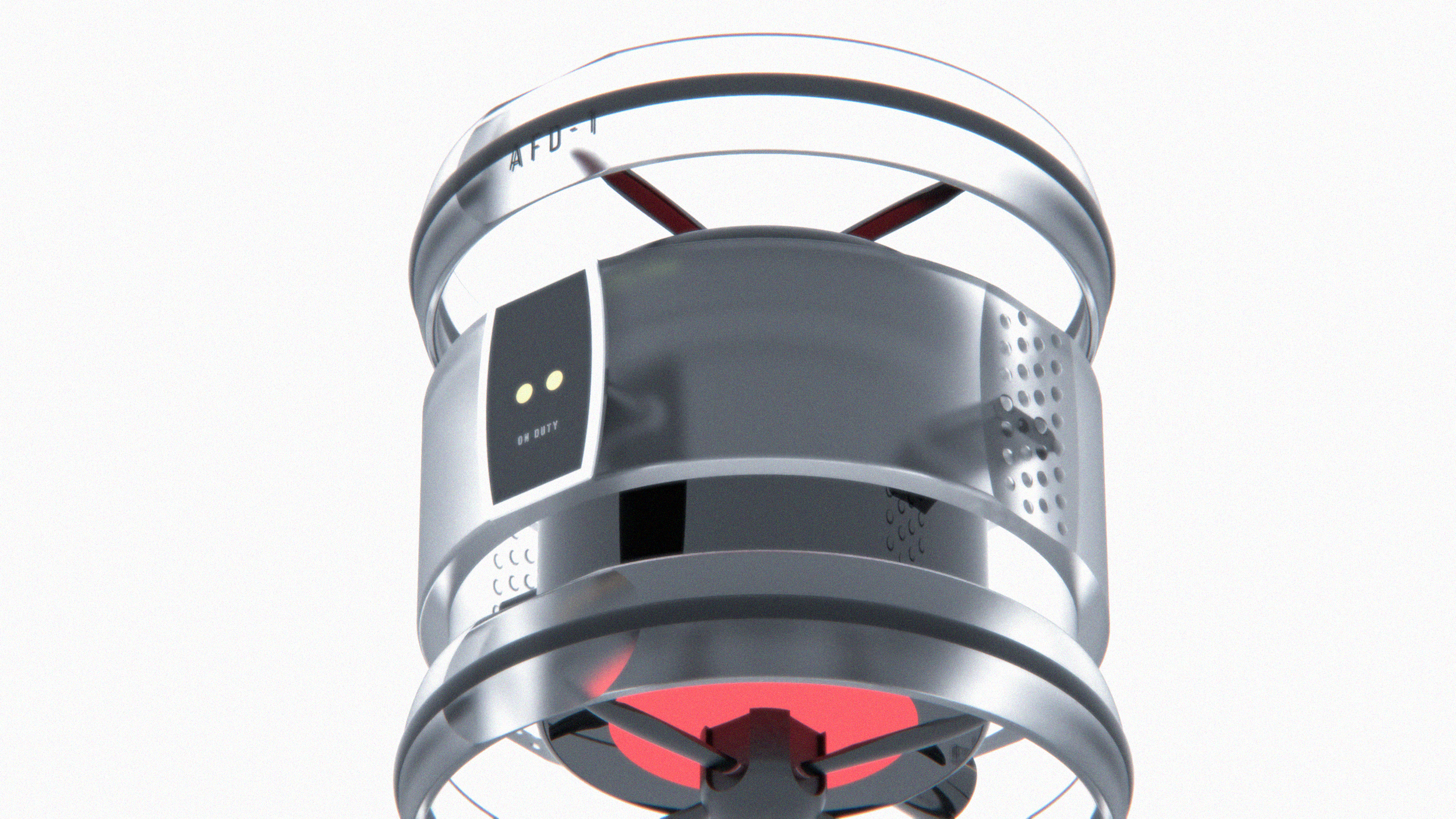 Close-up of a futuristic robot with a mechanical design, with circular metal rings, metallic surface, speaker holes, and a red illuminated section at the bottom.