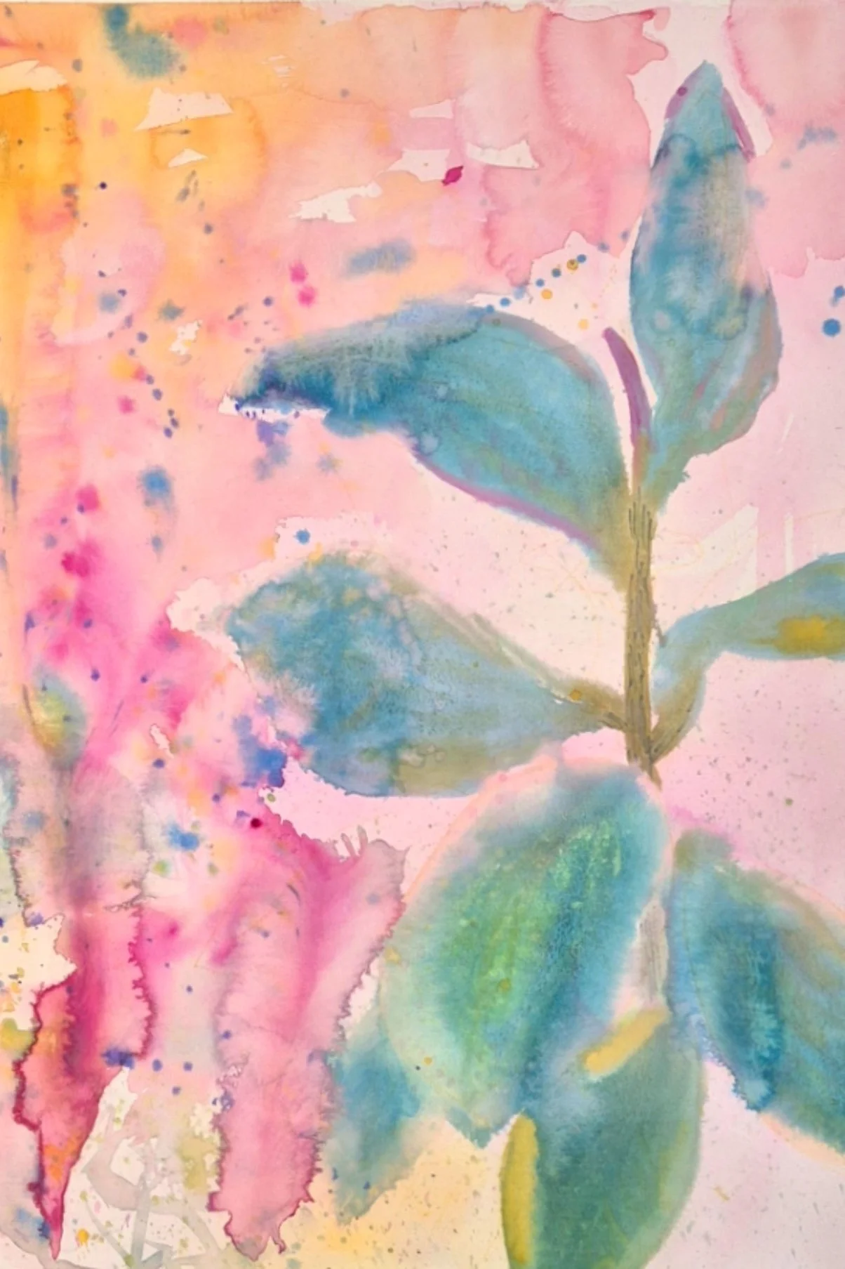 Abstract watercolor painting with blue-green leaves and pink, yellow, and orange background.