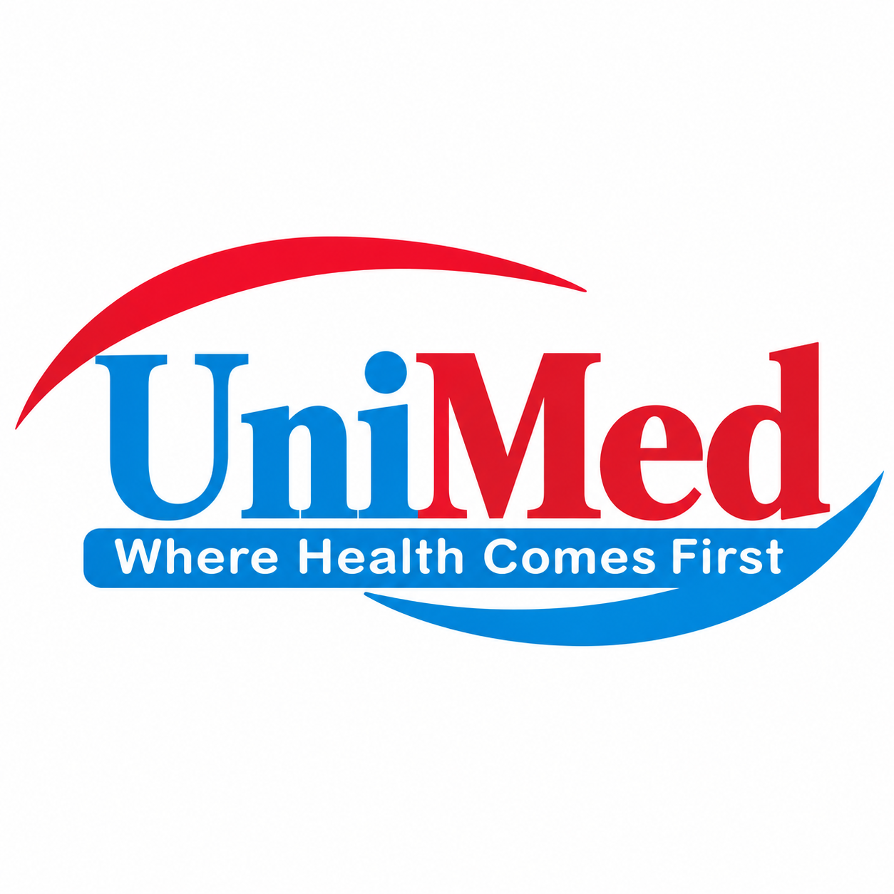 UniMed logosu, "Where Health Comes First" sloganıyla kırmızı ve mavi renklerde tasarlanmıştır.