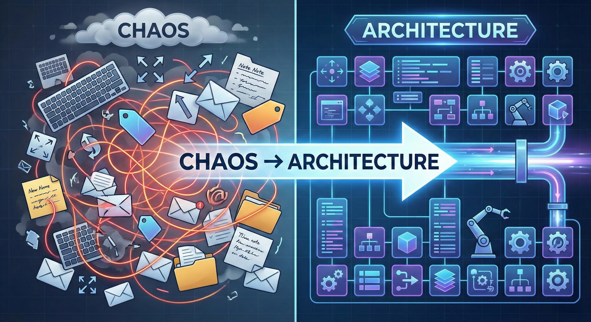 Visual representation of transforming chaos into architecture, showing emails, notes, and digital icons on the left transitioning into structured digital architecture diagrams on the right.