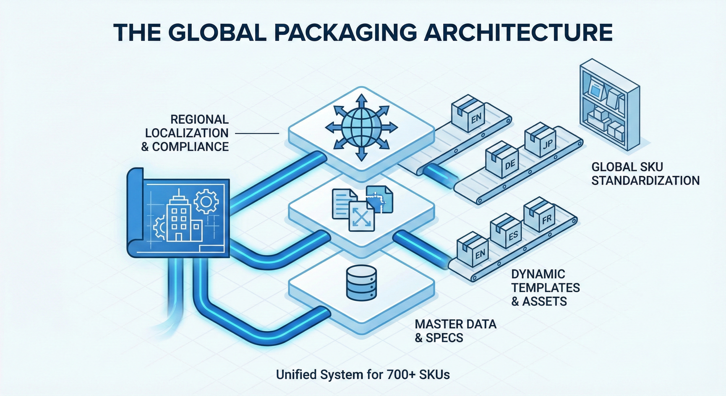 Diagram illustrating the global packaging architecture, featuring components like regional localization and compliance, master data and specs, dynamic templates and assets, global SKU standardization, and a unified system for over 700 SKUs.