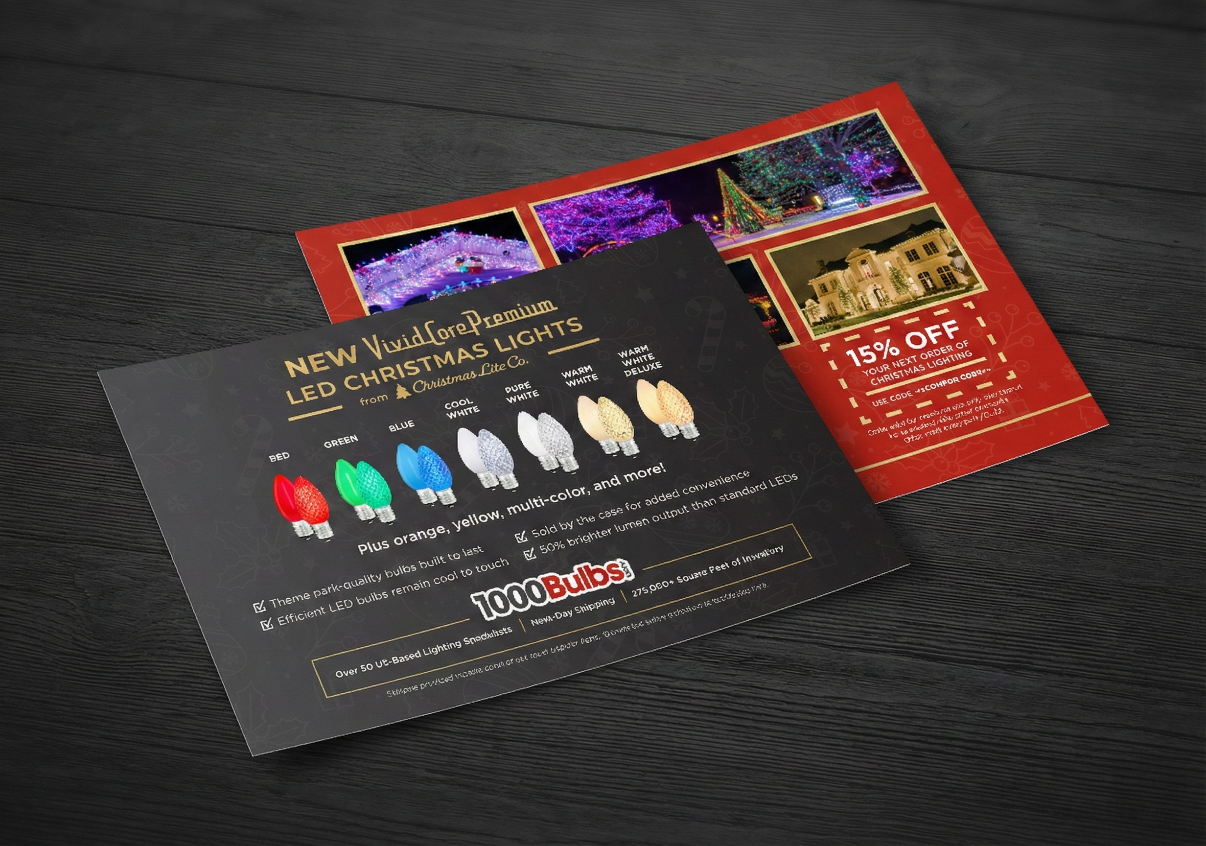 A flyer for LED Christmas lights from Christmas Lite Co. featuring color options, descriptions, and a discount offer, with festive images on a red background.