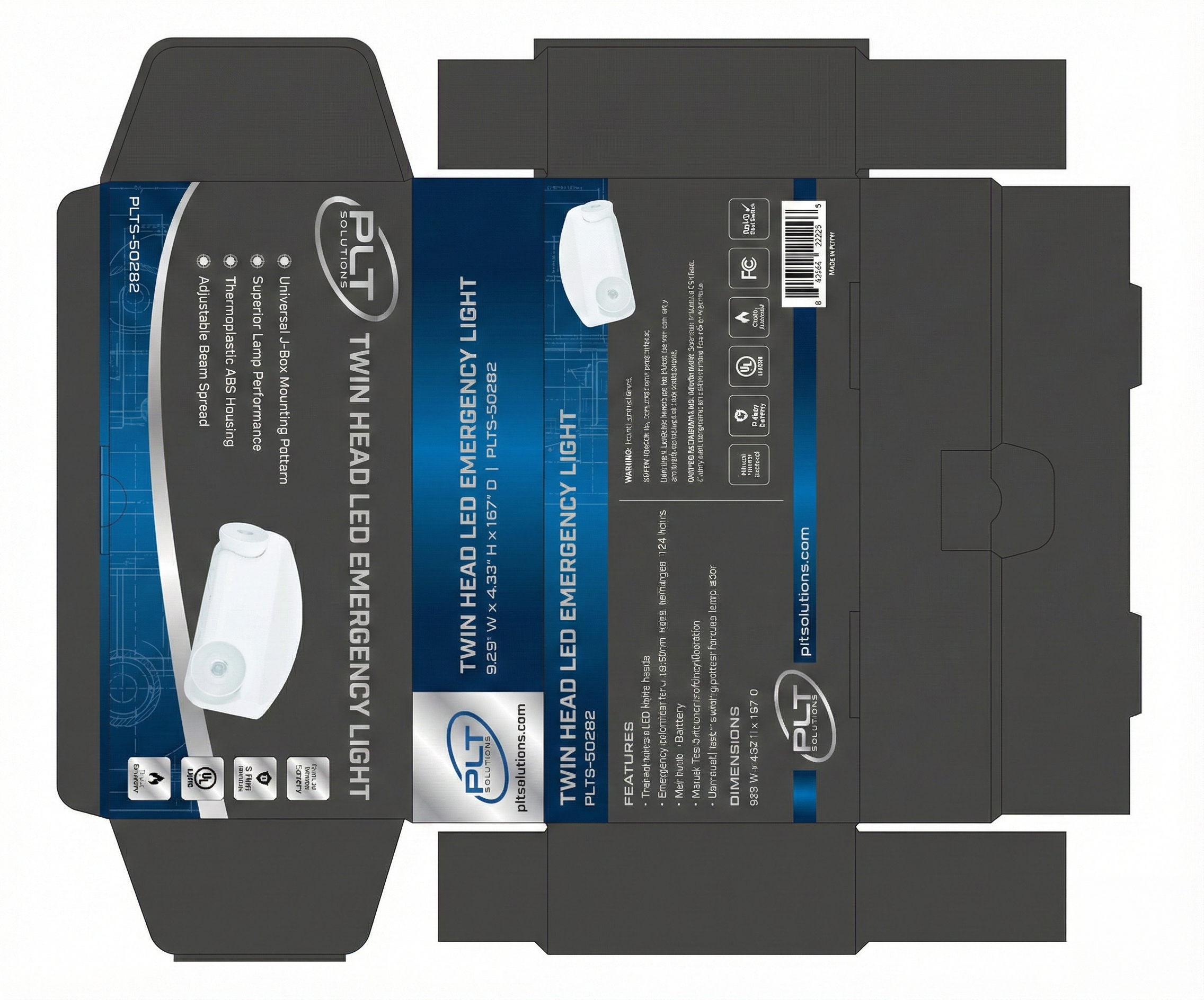 Flat illustration of a product packaging box with blue and black label for PLT Solutions twin head LED emergency light, showing product features, specifications, and icons for safety and compliance.