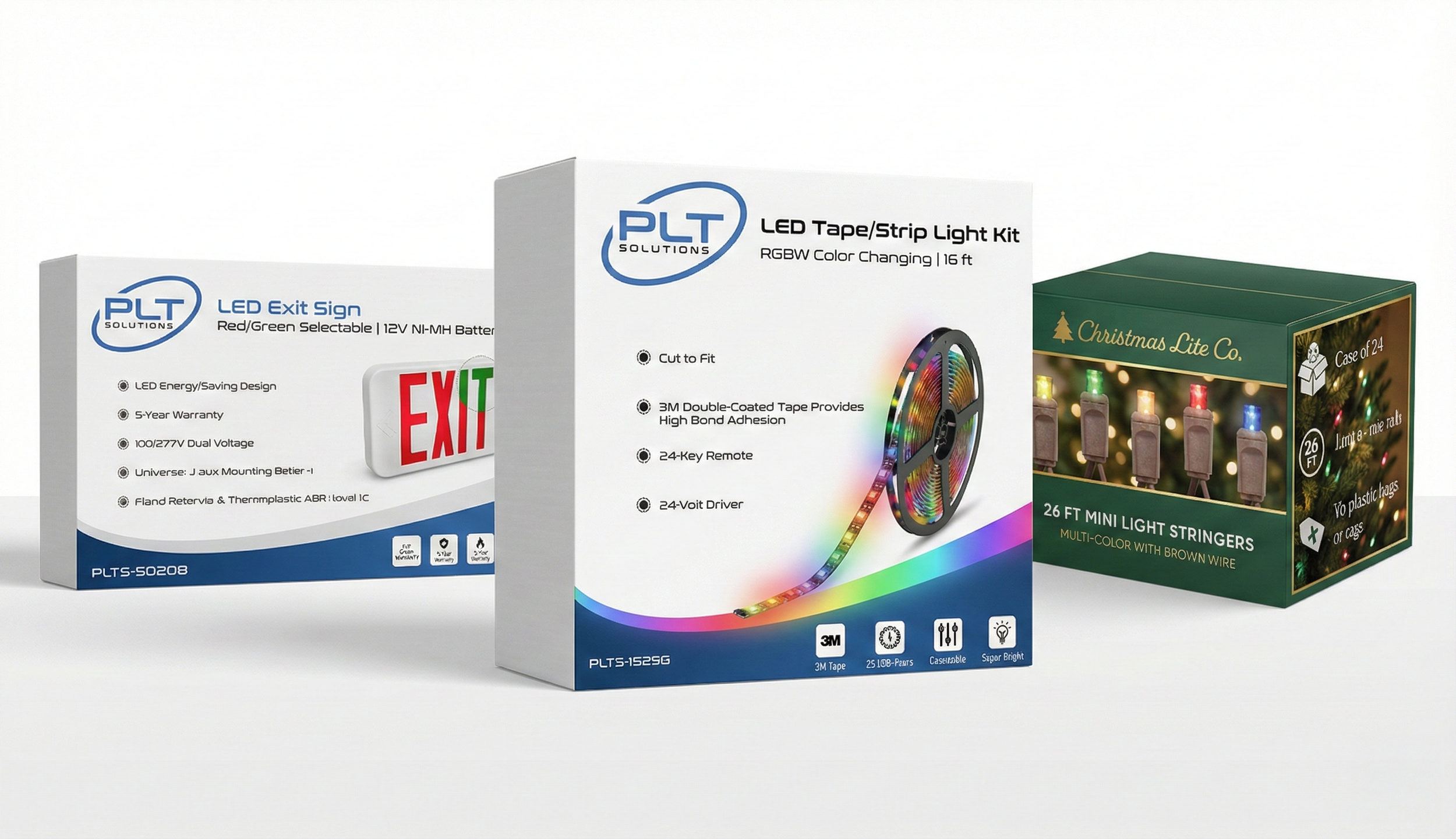 Three boxes of holiday and lighting products displayed on a white background. The left box contains LED exit sign with red and green colors; the middle box contains LED tape/strip light kit with rainbow-colored lights; the right box contains a case of 24 mini light stringers with multicolor lights and brown wires.